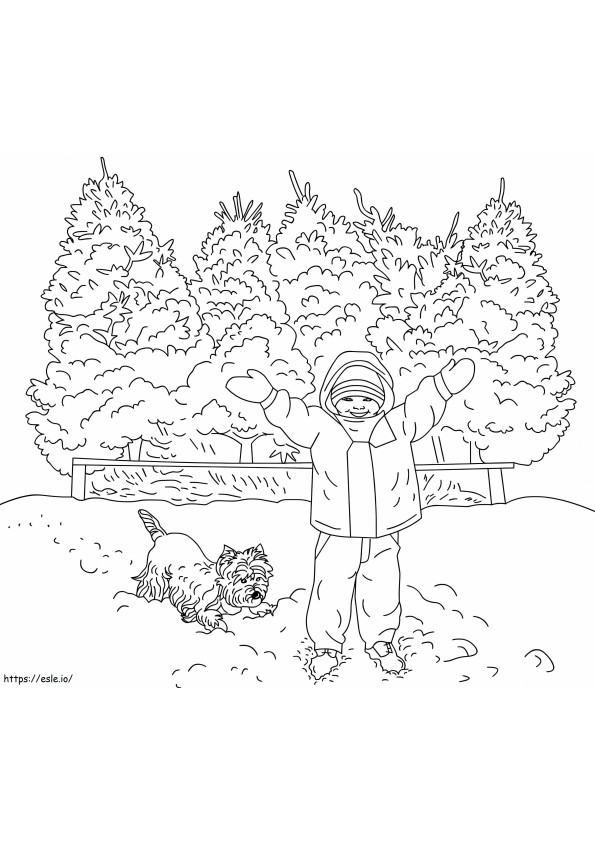 Coloriage Garçon avec scène d'hiver 1 à imprimer dessin