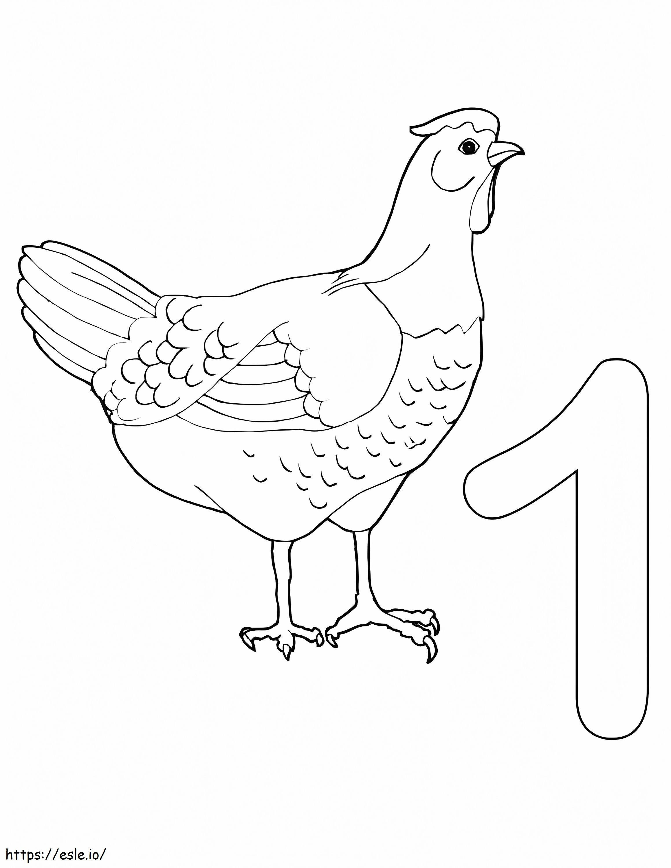Numero 1 ja kana värityskuva