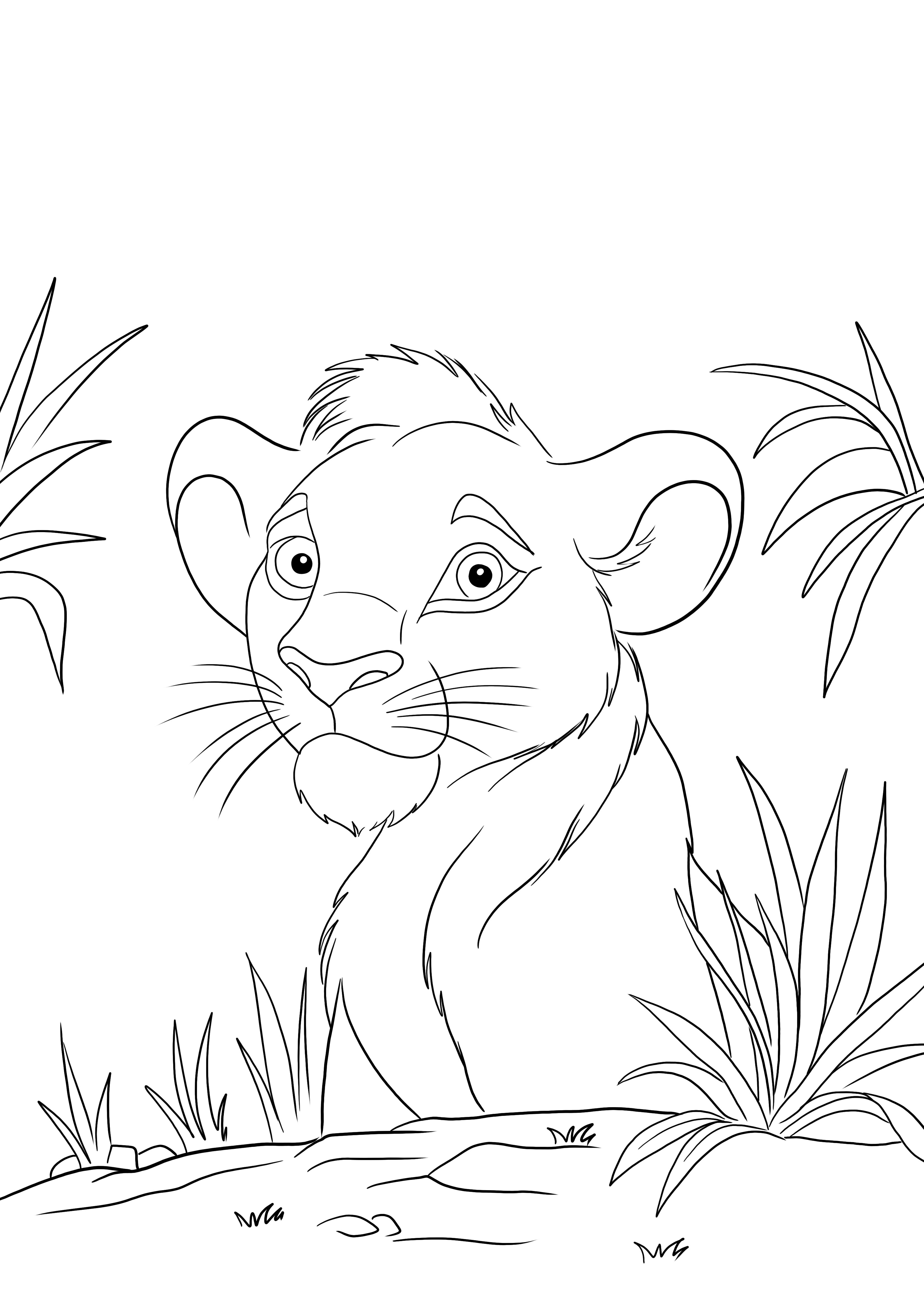 Simba a Lion's King-től egyszerűen színezhető és ingyenesen nyomtatható lap
