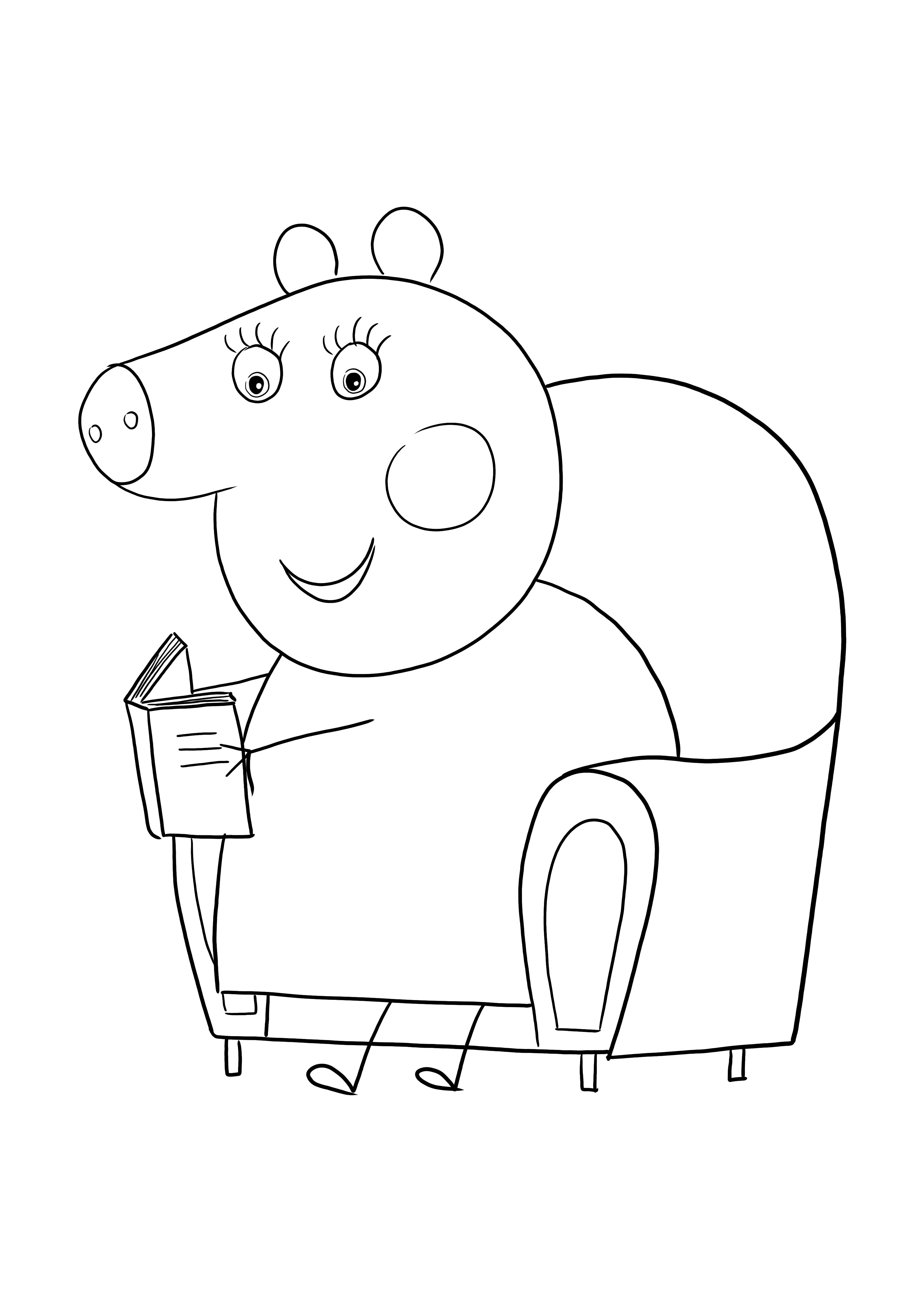 Foaie de colorat gratuită cu Mami porc citind o carte pentru a imprima sau descărca
