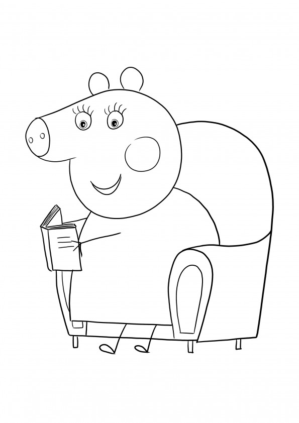Free coloring sheet of Mommy pig reading a book to print or download