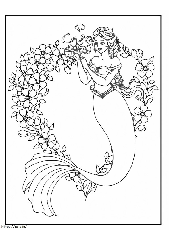 Coloriage Sirène avec fleur à imprimer dessin