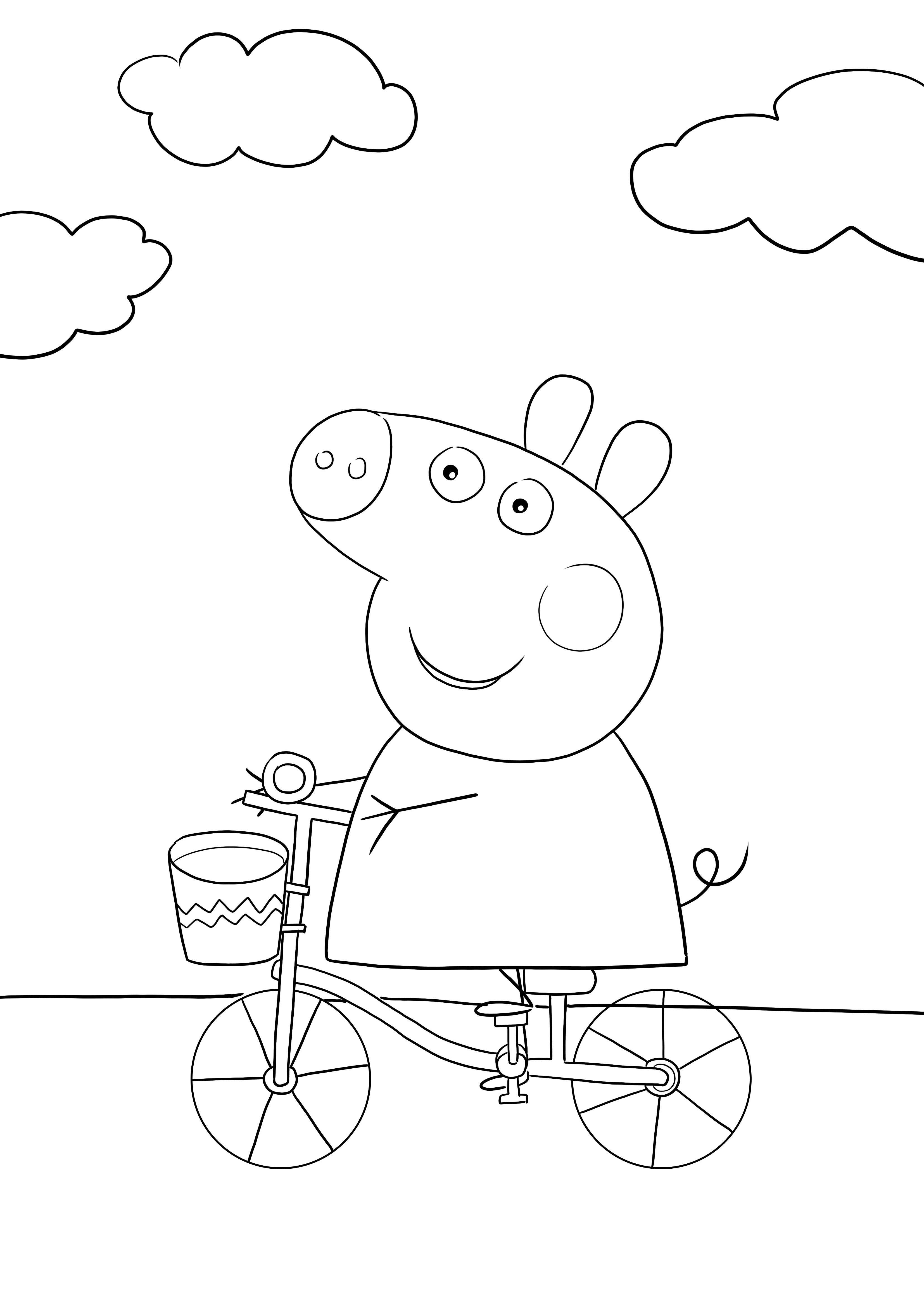 Eine kostenlose Malvorlage von Peppa auf ihrem Fahrrad zum einfachen Ausdrucken und Ausmalen