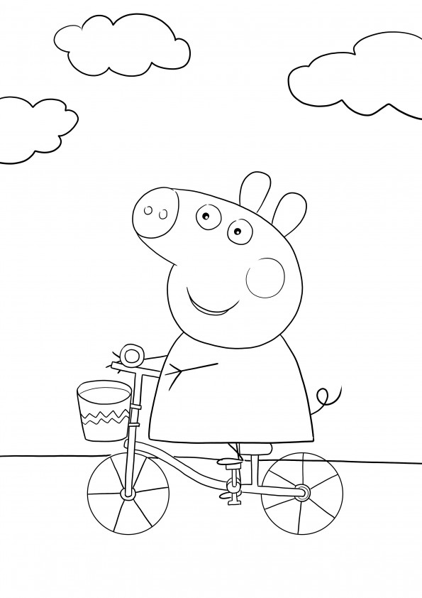A free coloring page of Peppa riding her bike to print and color easily