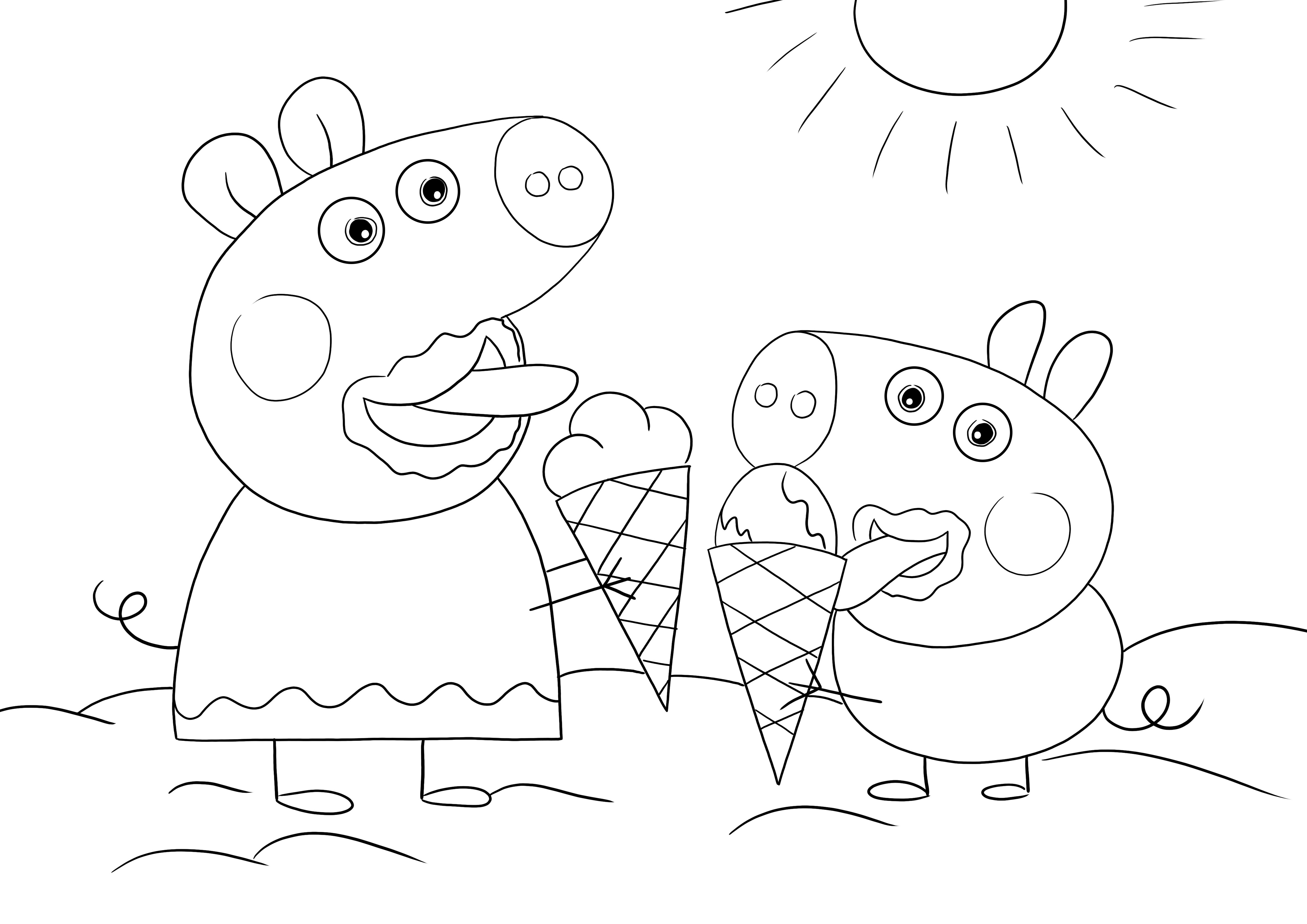 Peppa dan George makan es krim untuk diwarnai atau diunduh secara gratis