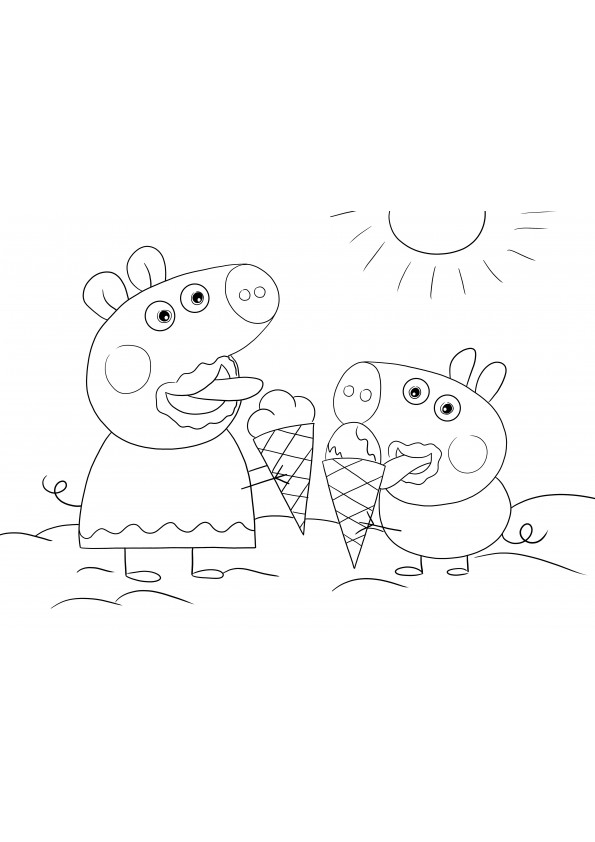 Peppa et George mangeant une glace à colorier ou à télécharger gratuitement
