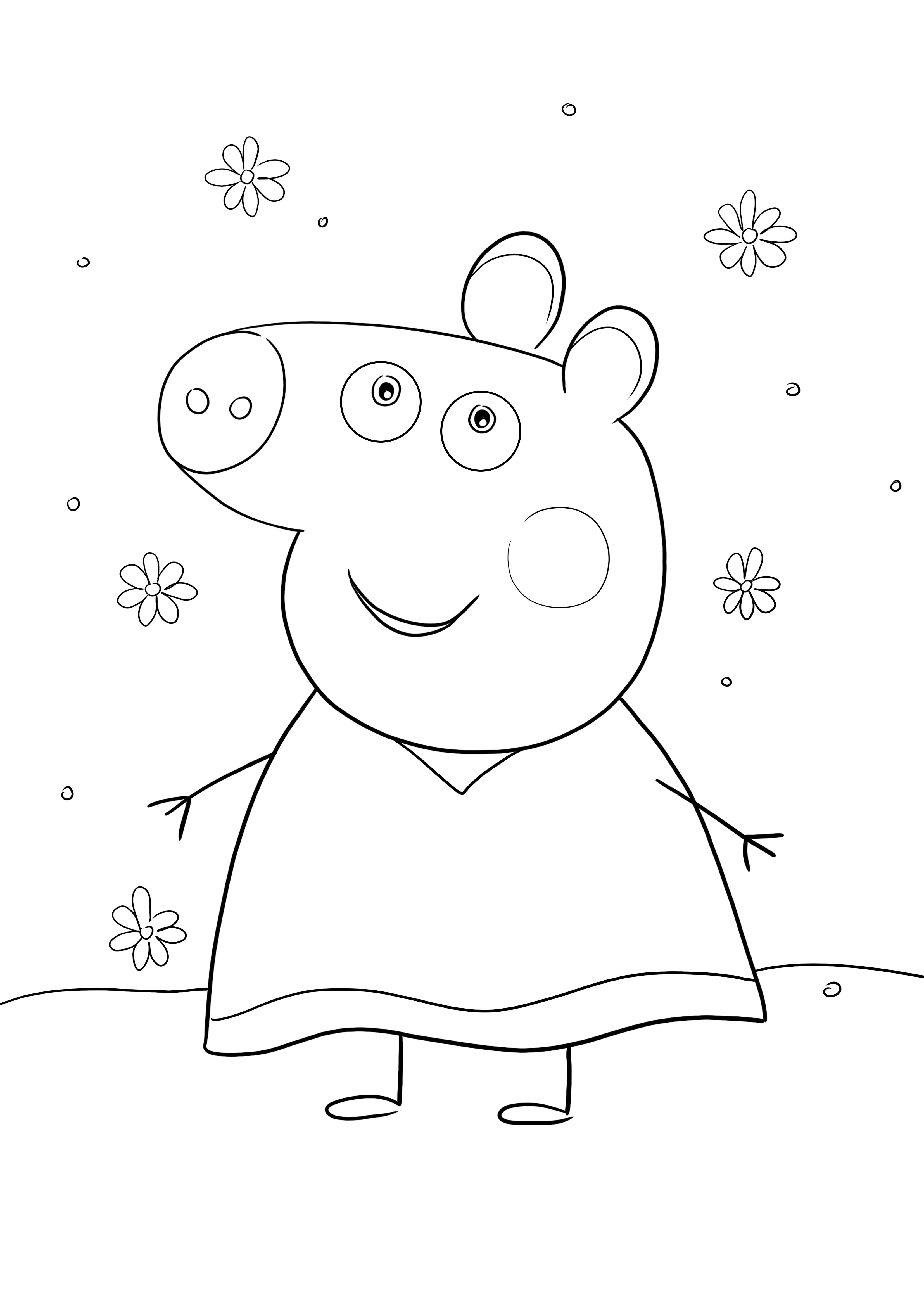 Peppa Pig and flowers is ready to be printed and colored for free