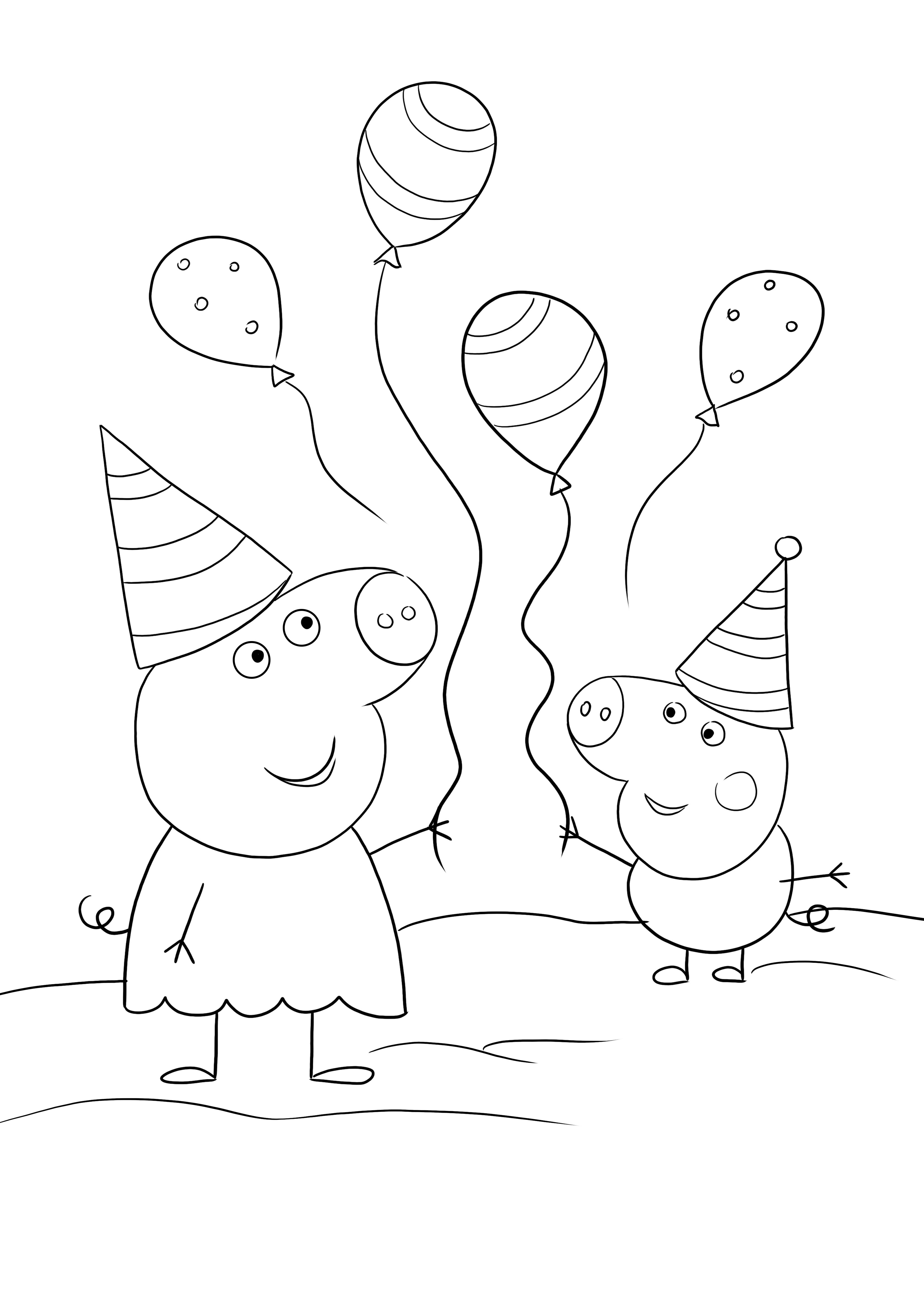 Peppa en George gaan naar een verjaardagsfeestje - een grappige en gratis kleurplaat om af te drukken en in te kleuren kleurplaat