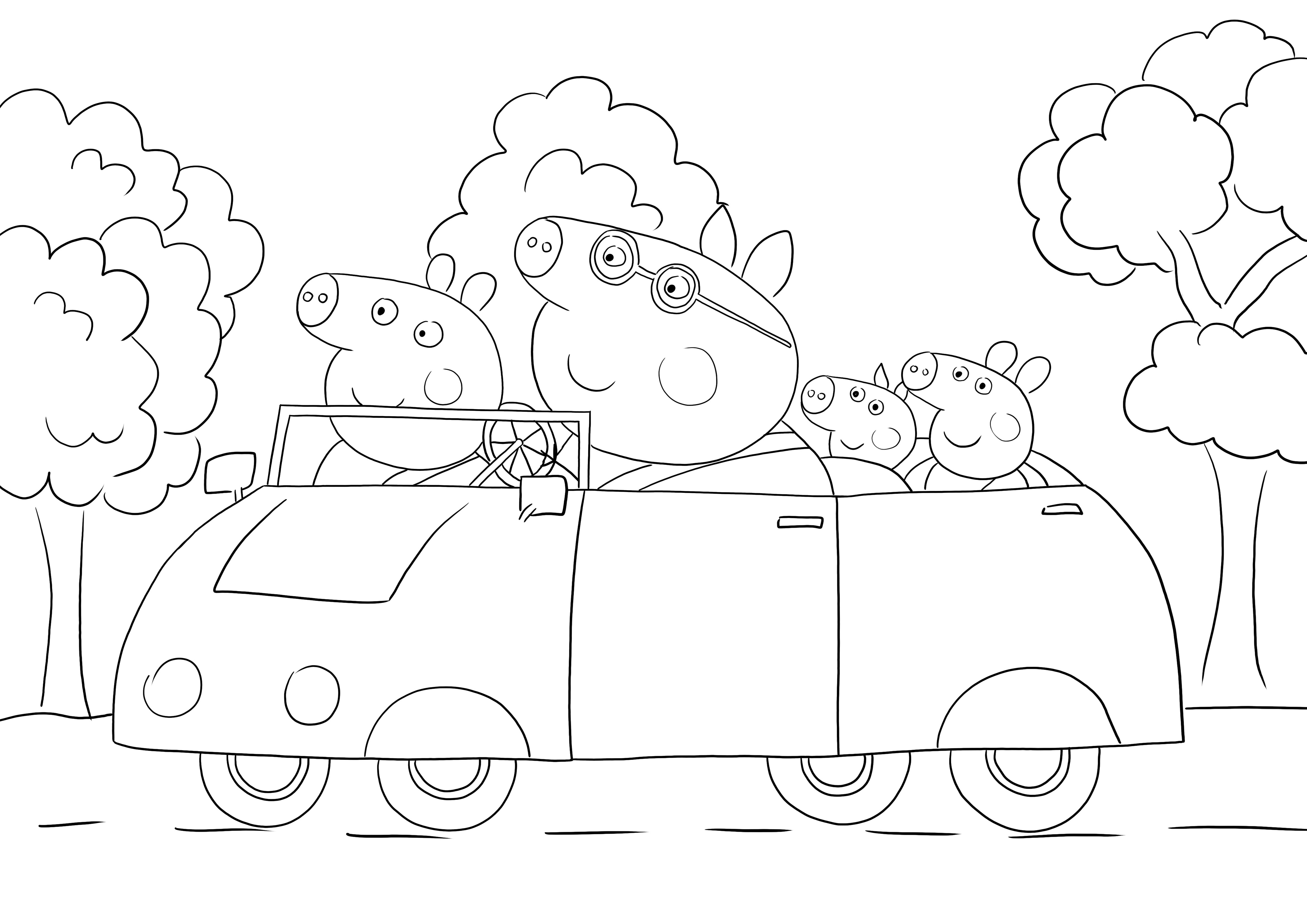 Peppa ve ailesi, çocuklar için renklendirmek için arabaya binmeden yazdırılabilir bir sayfaya gidiyor