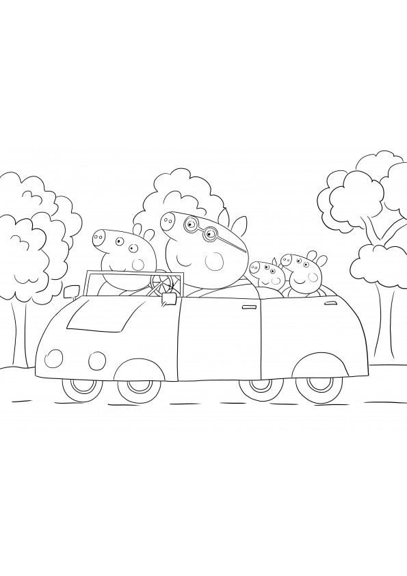 Peppa et sa famille vont sur une page imprimable sans voiture à colorier pour les enfants