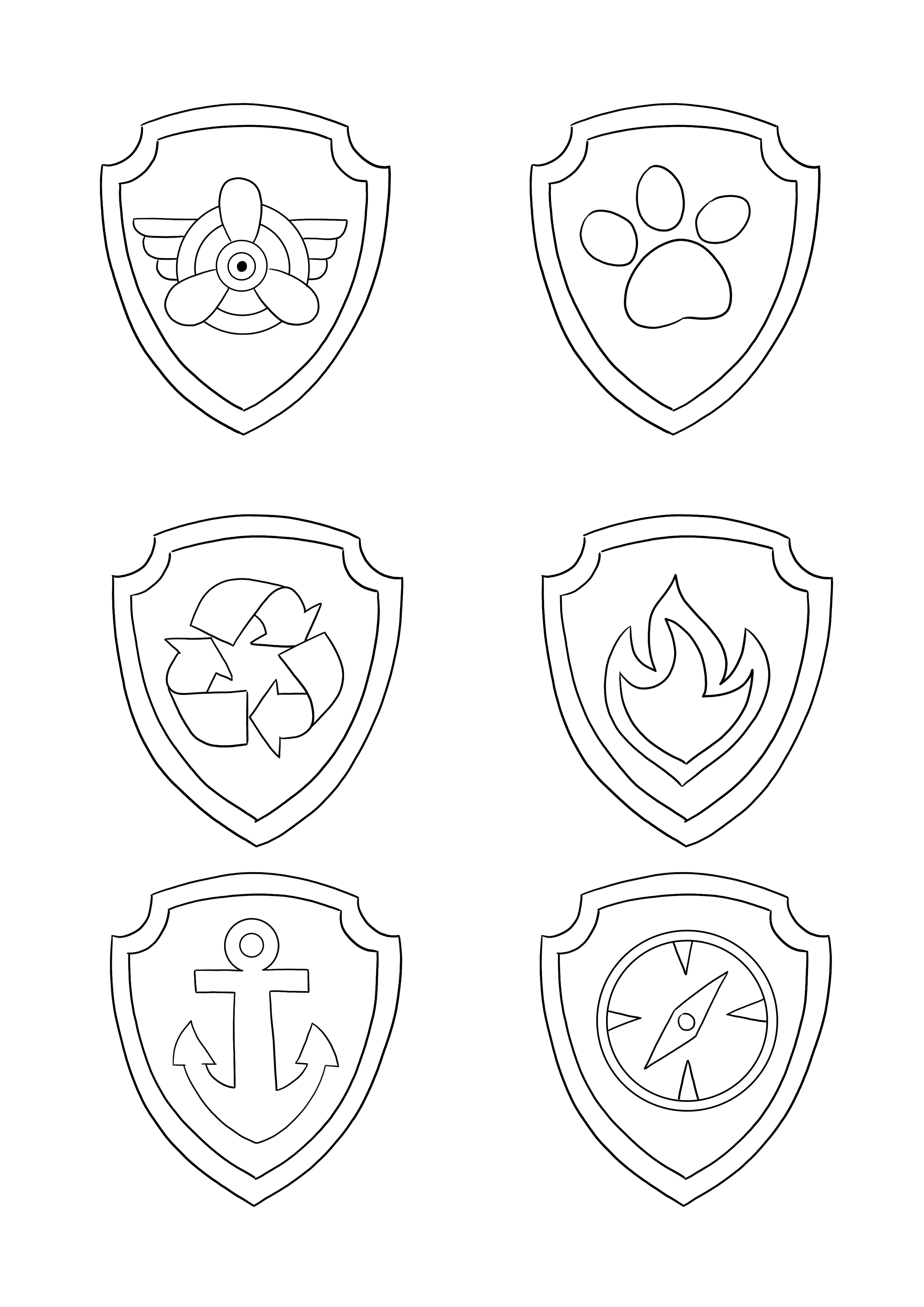 Paw Patrol badges coloring sheet for kids to color and print for free
