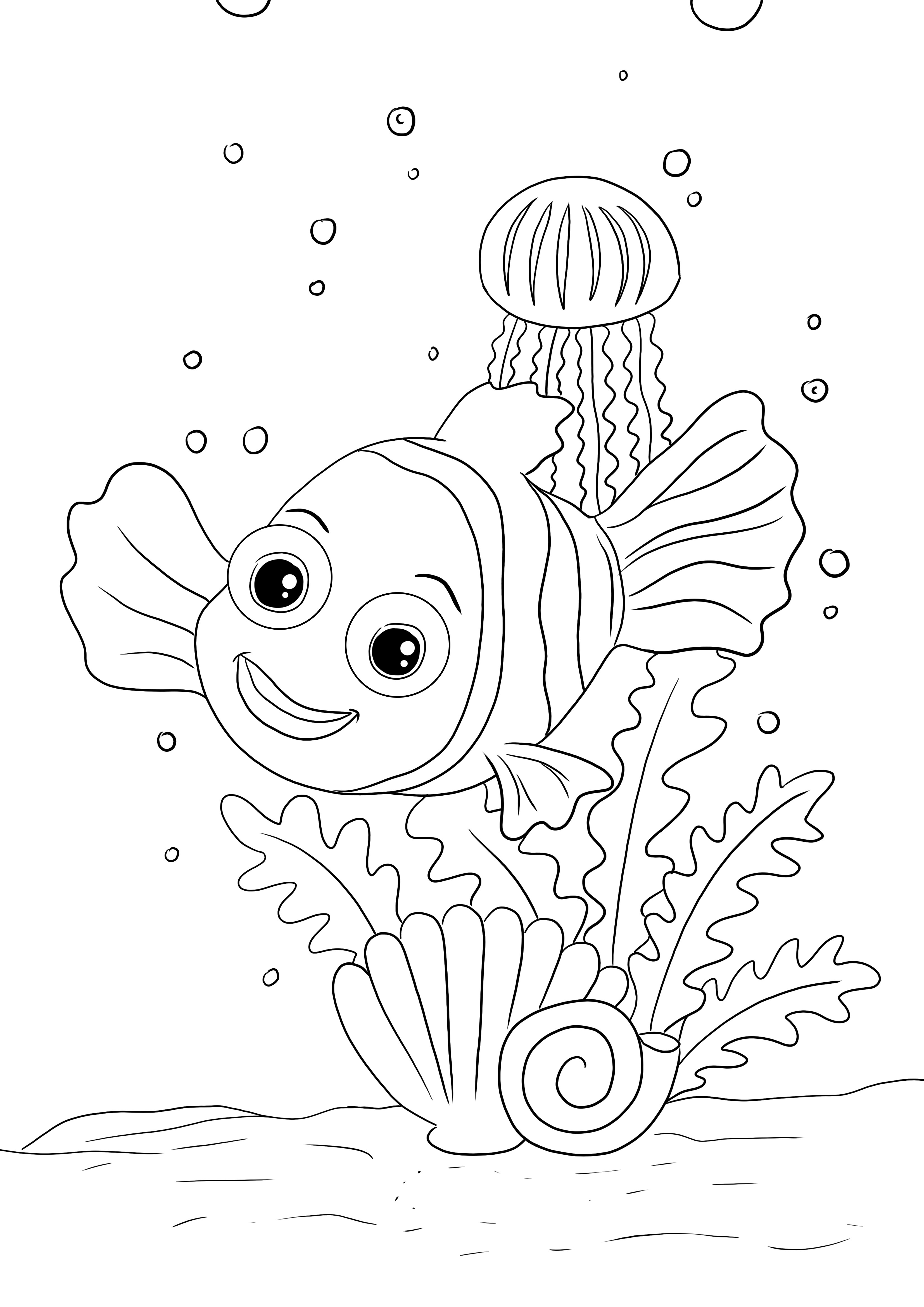 Felice Nemo stampabile gratuitamente pronto per la colorazione e l'apprendimento