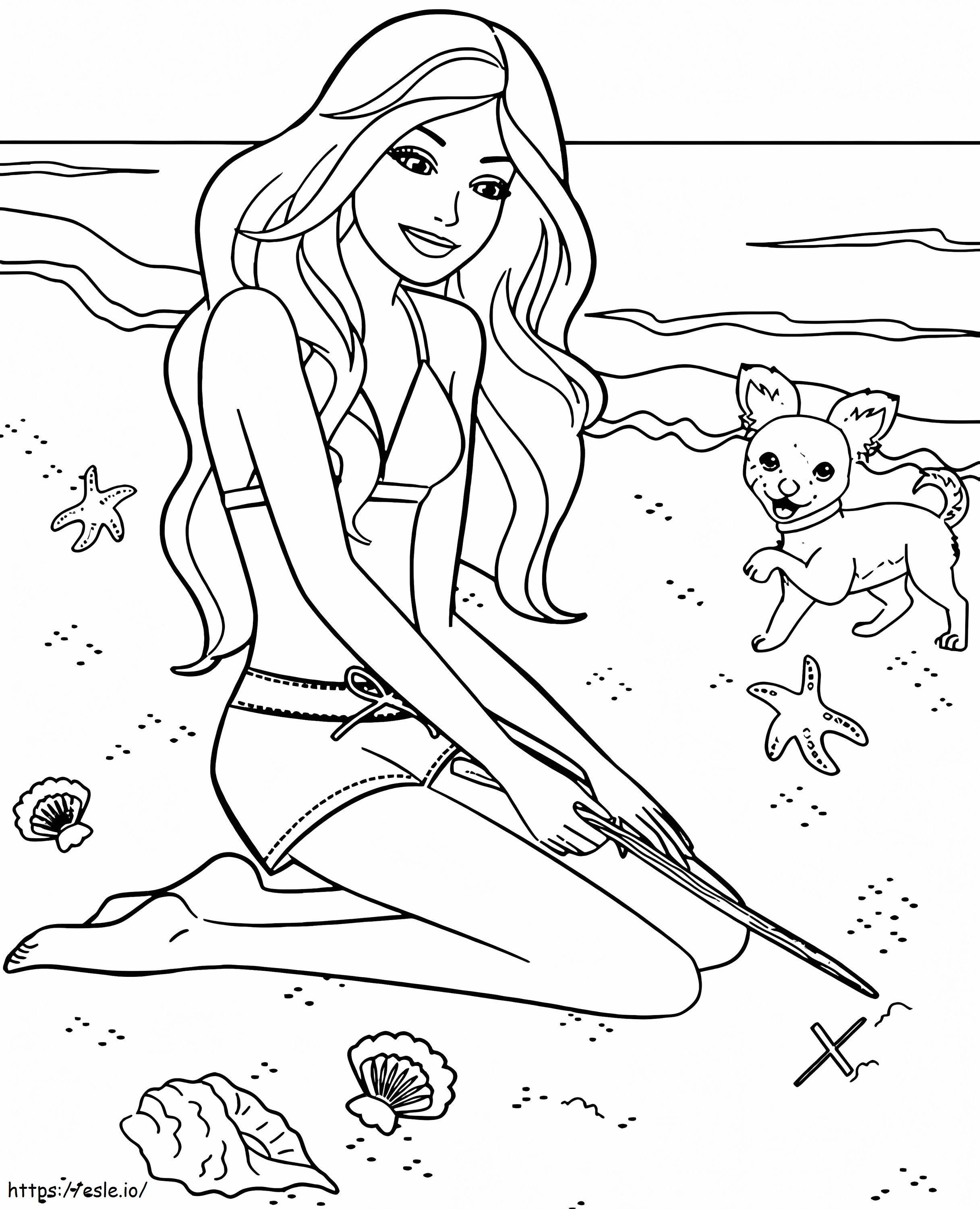 ビーチにいるバービーと子犬 ぬりえ - 塗り絵