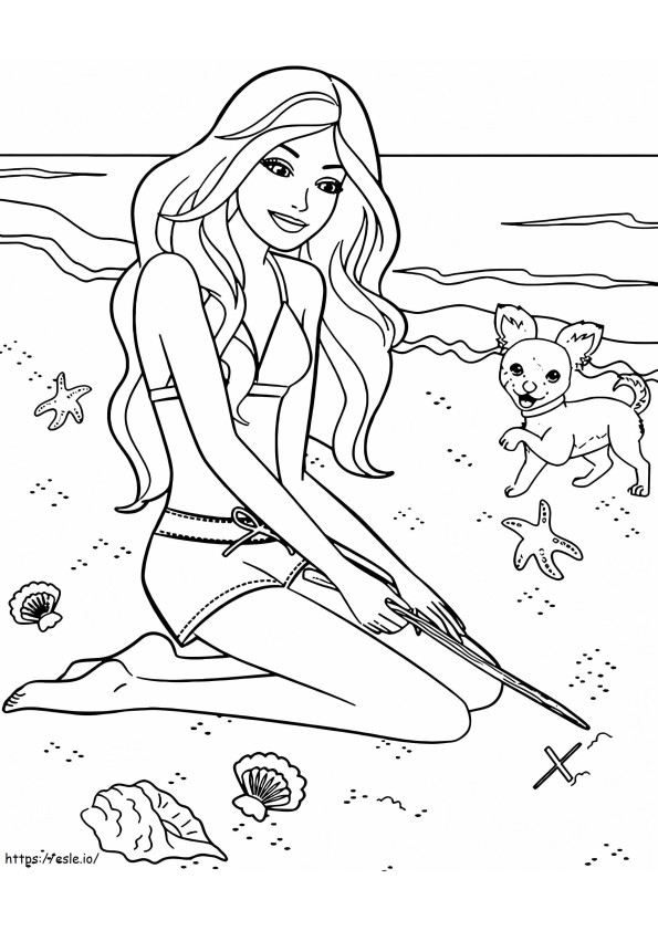 ビーチにいるバービーと子犬 ぬりえ - 塗り絵