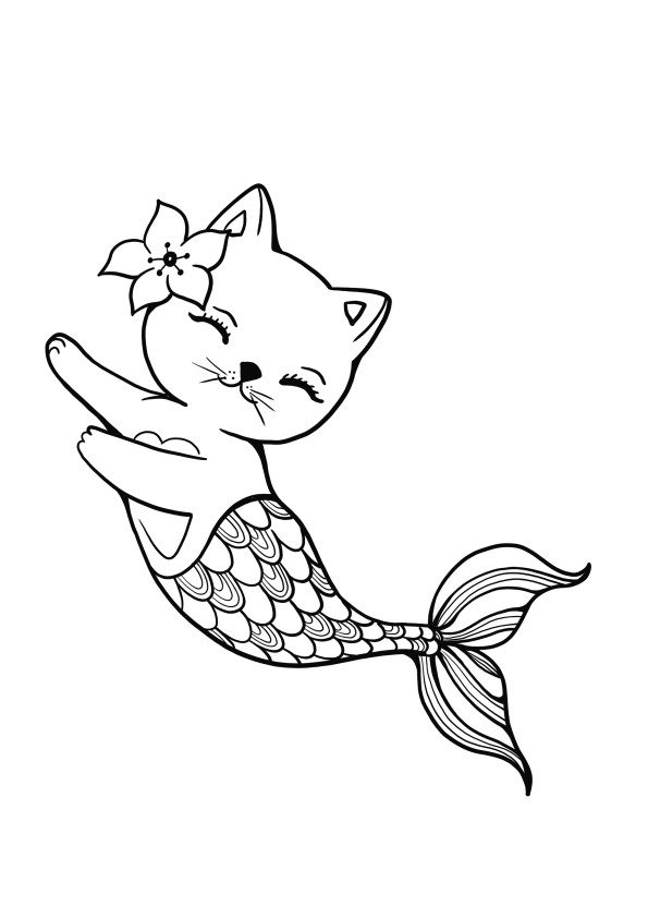Sweet mermaid cat easy coloring and printing