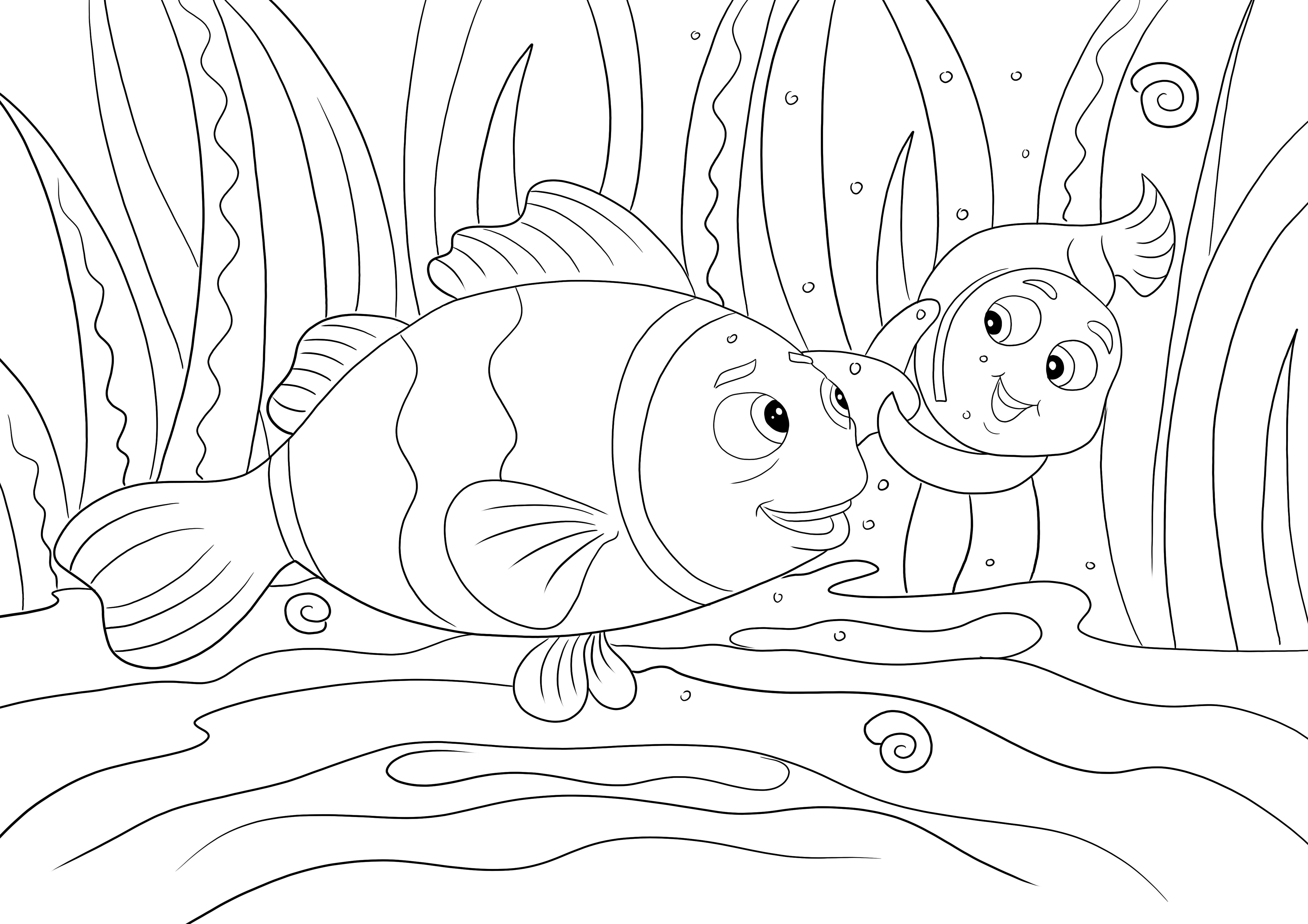 Nemo en Marylin zwemmen - een gemakkelijk af te drukken en in te kleuren afbeelding kleurplaat