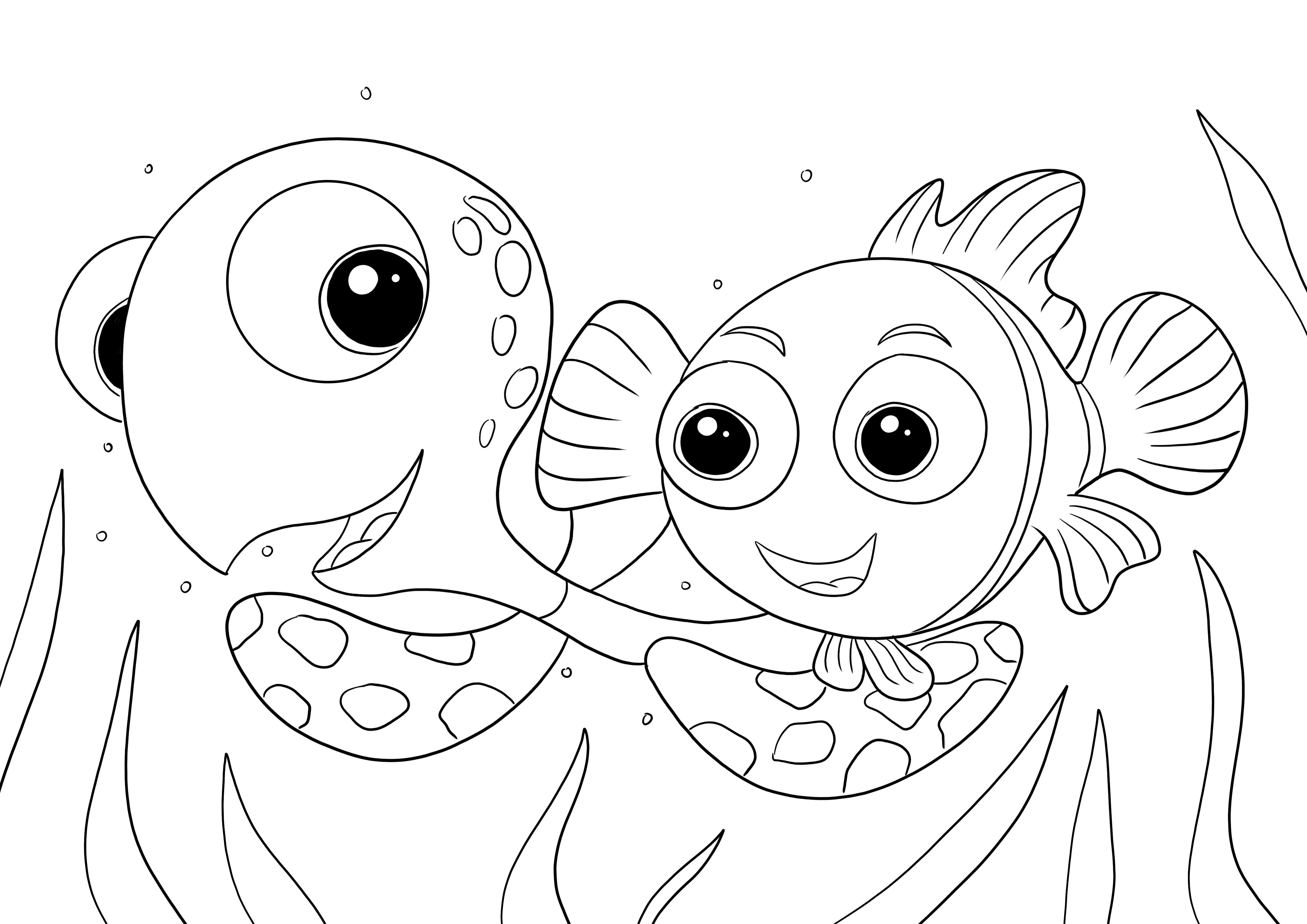 Coloring image of Nemo on Crush's back free to print or download for kids