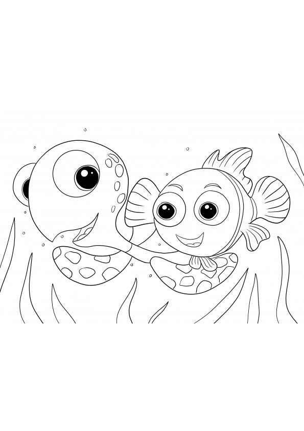 Imagine de colorat a lui Nemo pe spatele lui Crush, care poate fi imprimată sau descărcată gratuită pentru copii