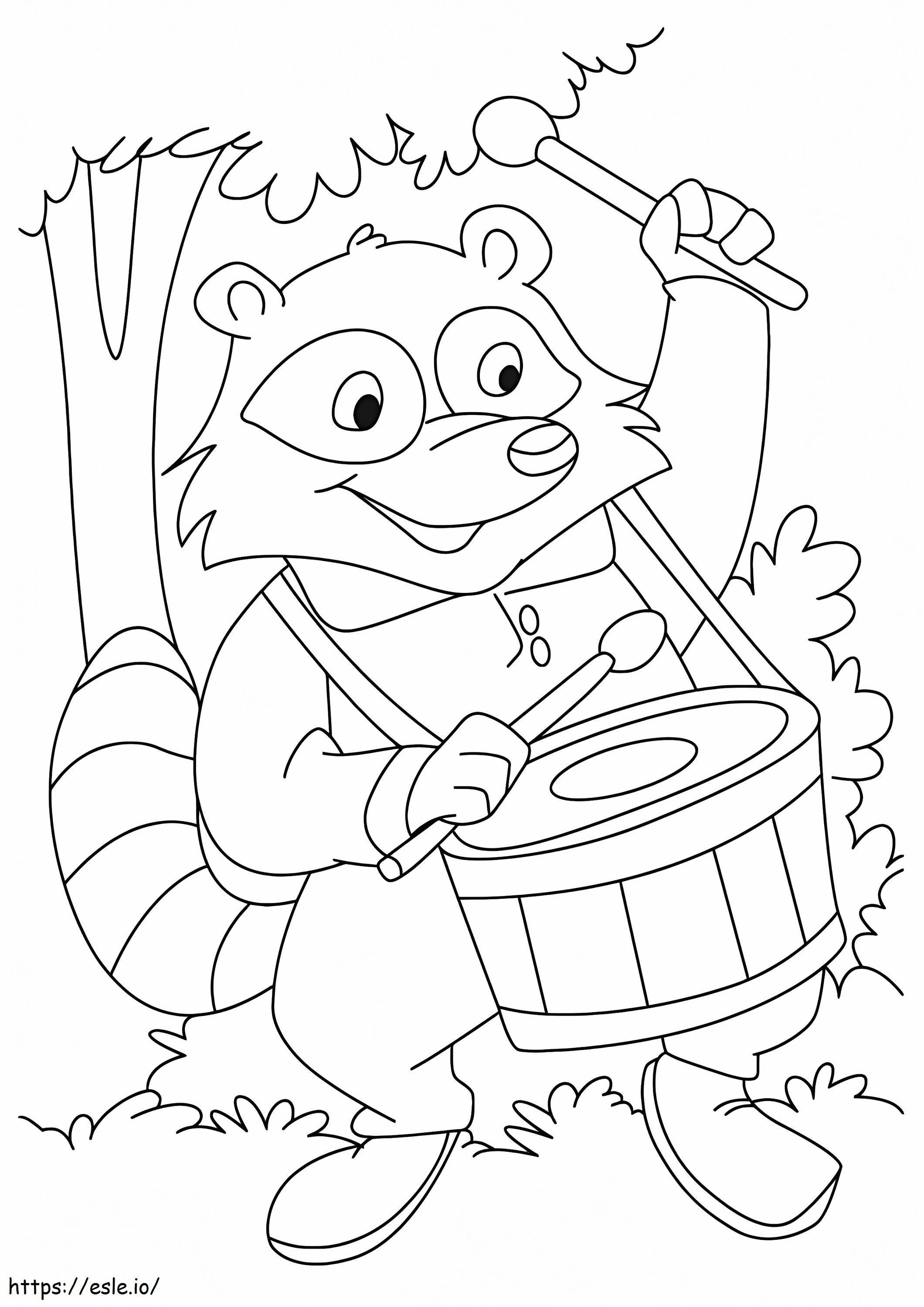 Raccoon cântă la tobe de colorat