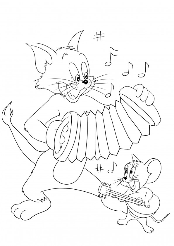 Çocuklar için boyaması ücretsiz ve yazdırması kolay enstrümanlar çalan Tommy ve Jerry