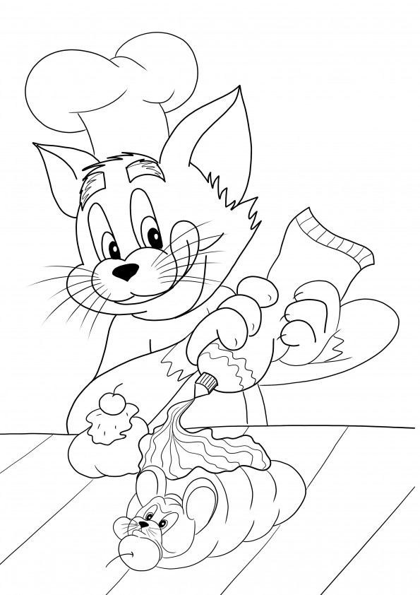 Página para colorear gratis de Tom haciendo un perrito caliente de Jerry para descargar para niños