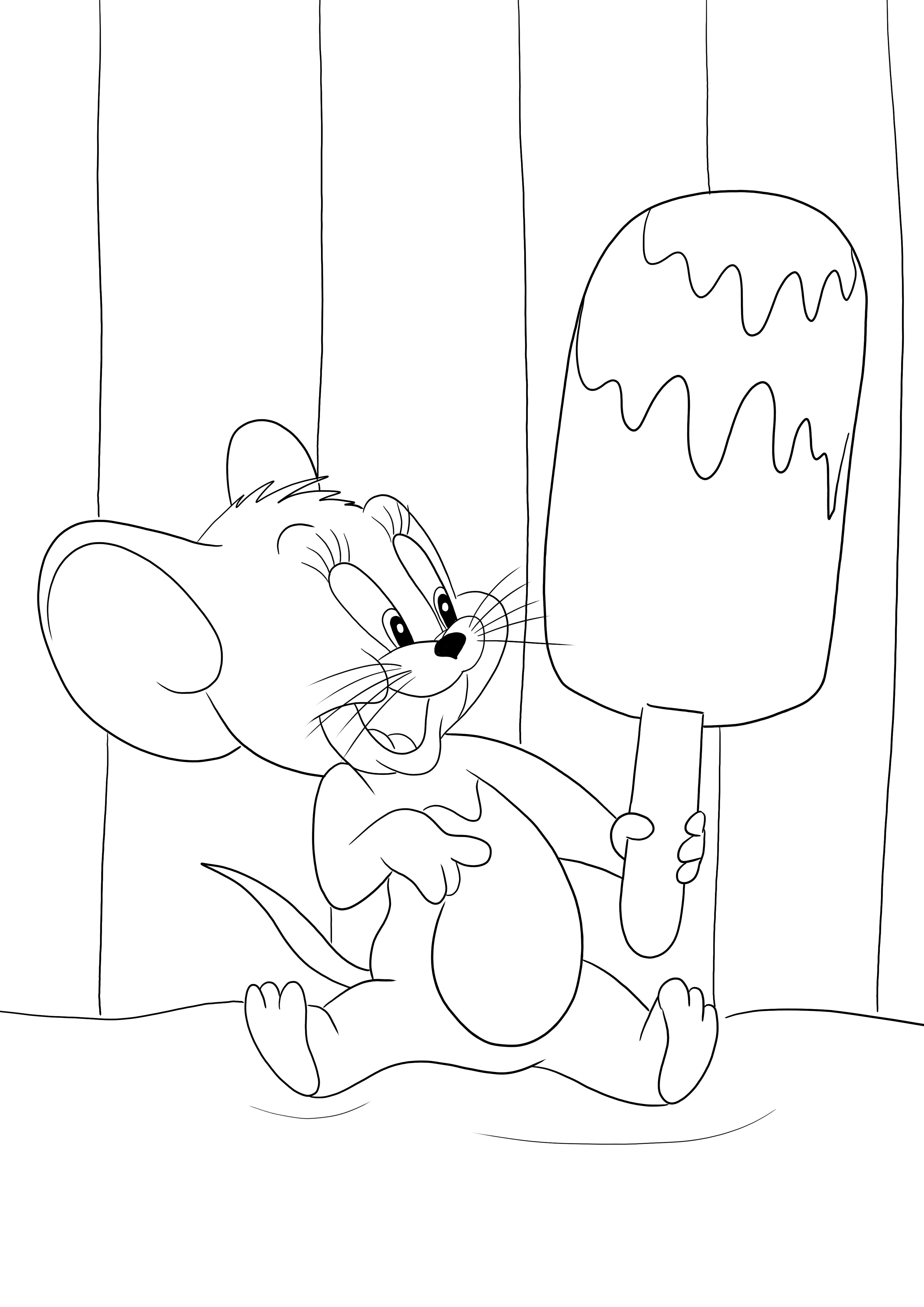 Jerry en zijn grote ijsje kunnen gratis door kinderen worden bedrukt en gekleurd kleurplaat