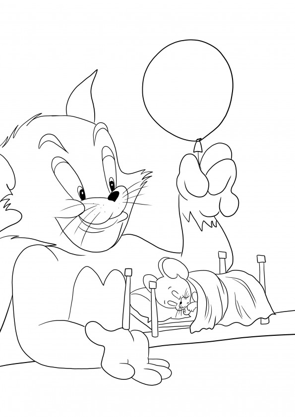 Tom weckt Jerry mit einem Ballon, kostenlos zum Herunterladen oder Ausdrucken in Farbe