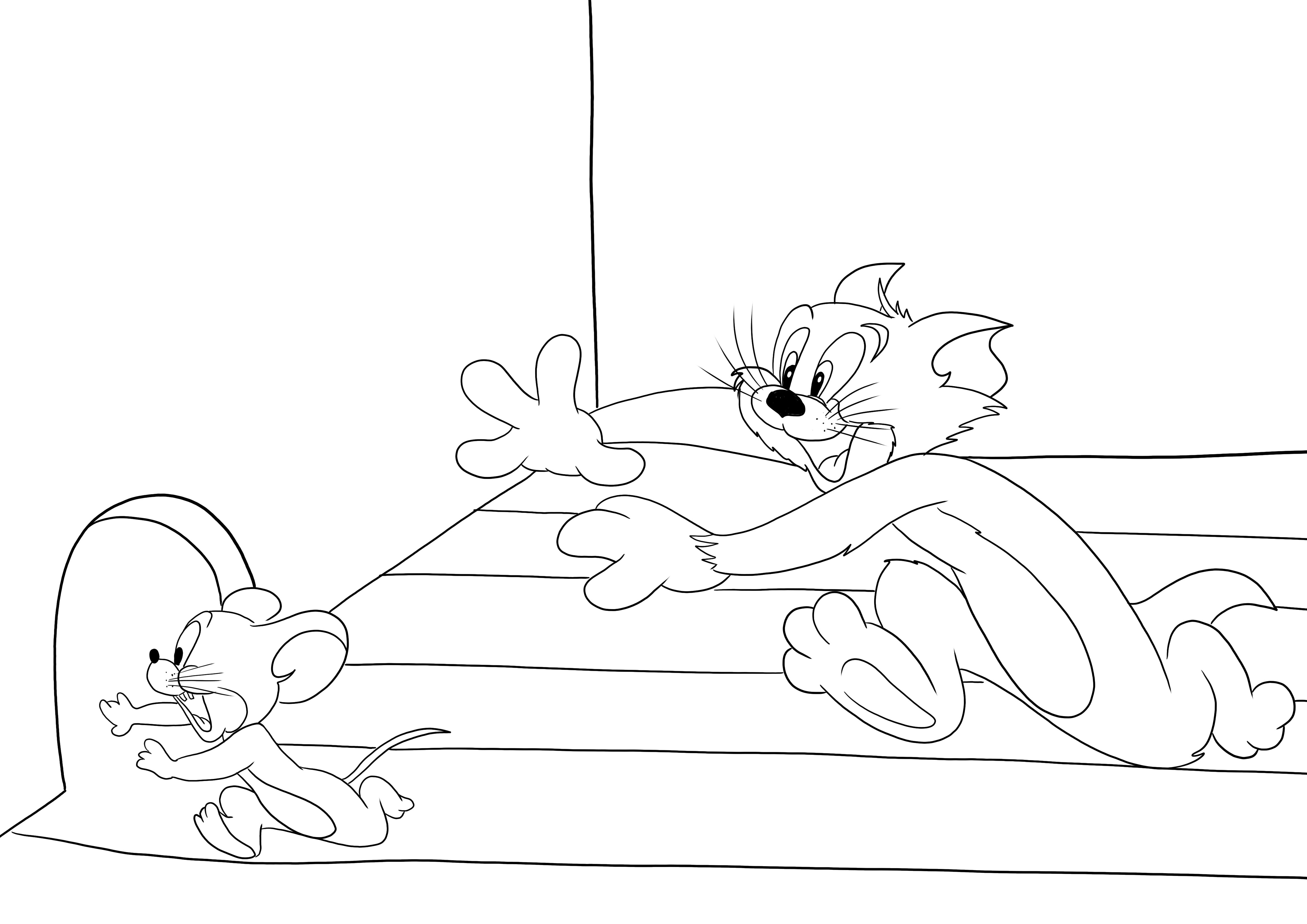 Ein kostenloses Bild zum Ausdrucken und Ausmalen von Jerry, der vor Tom davonläuft, für Kinder