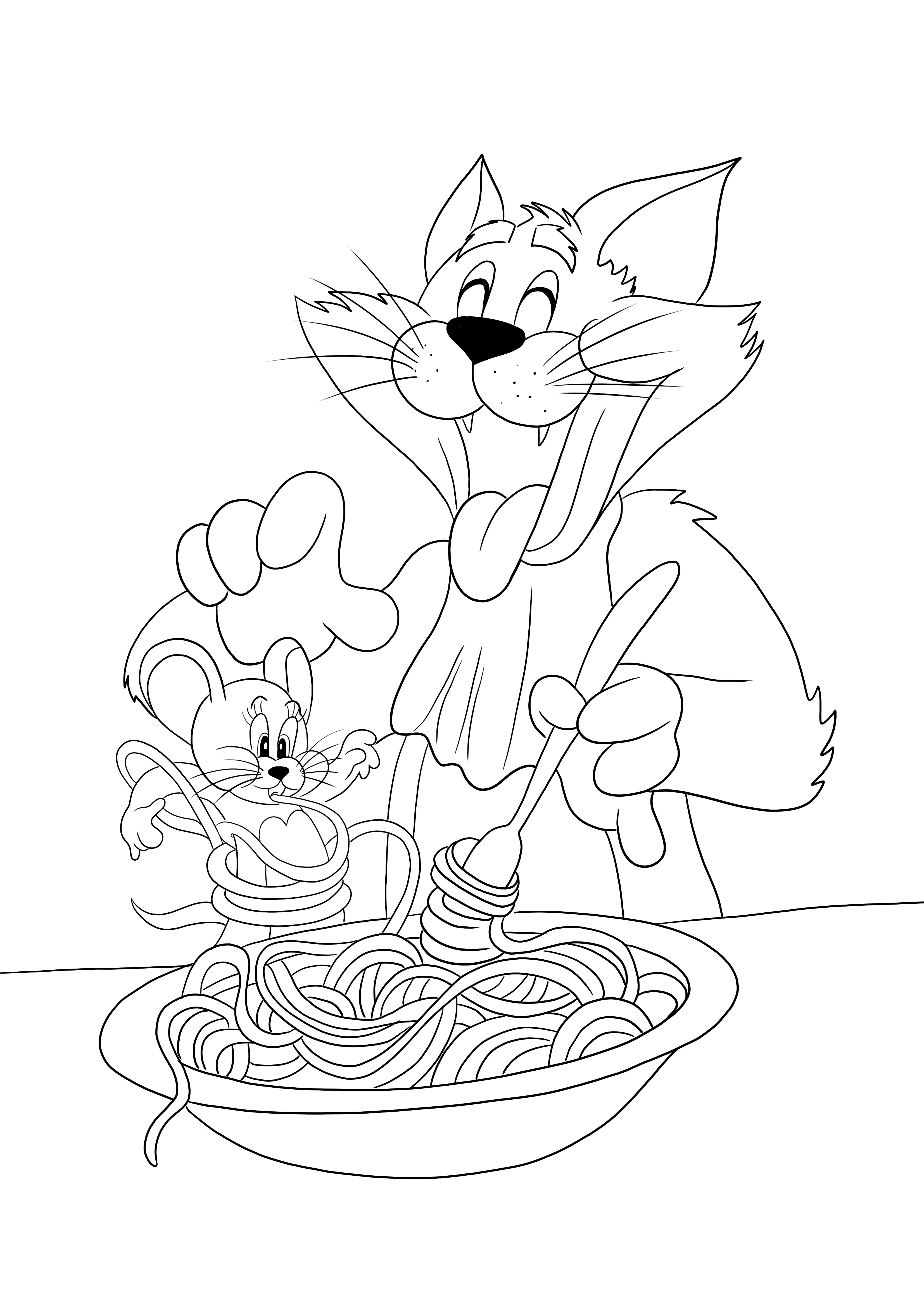 Tom eet noedels en Jerry - een grappige afdruk die klaar is om in te kleuren kleurplaat