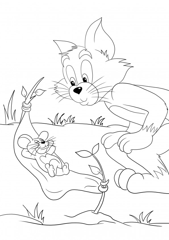 Jerry ligt in een hangmat en Tom kijkt naar hem om gratis afbeelding af te drukken en in te kleuren