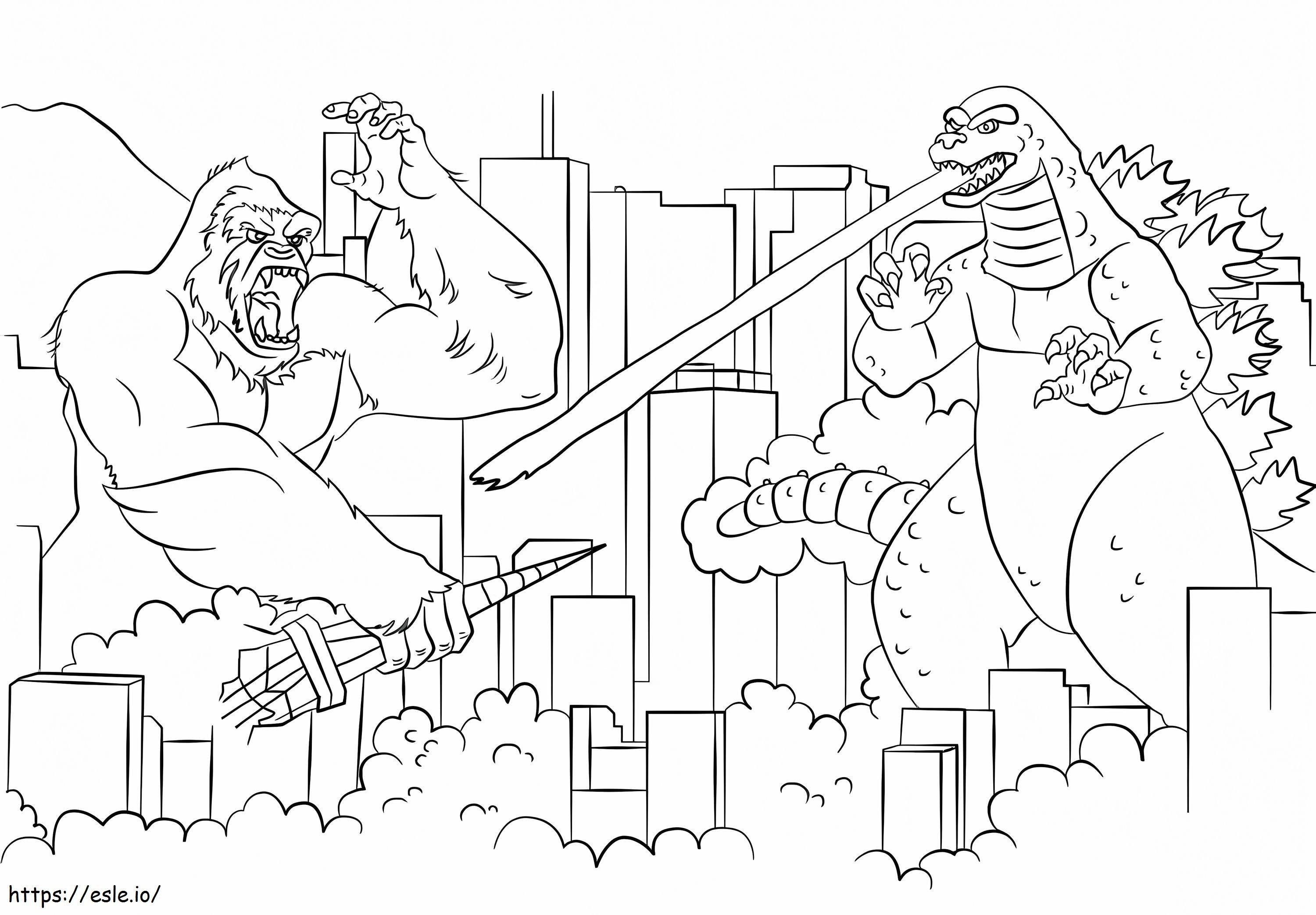 Coloriage Godzilla contre. King Kong dans la ville à imprimer dessin