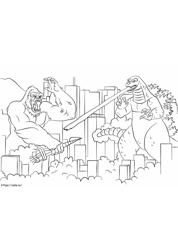 Coloriage Godzilla contre. King Kong dans la ville à imprimer dessin