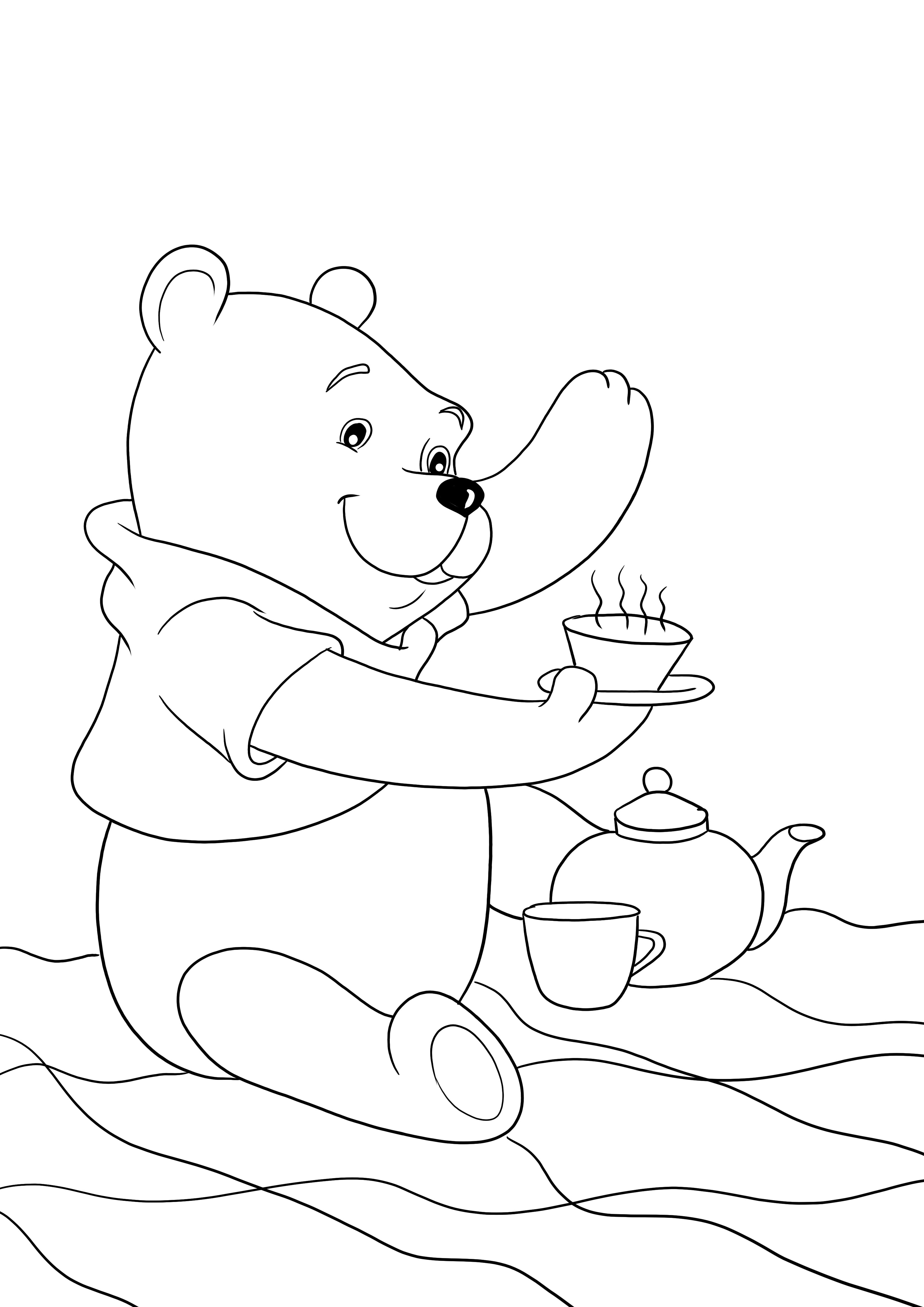 Winnie çay içiyor çocuklar için boyama için ücretsiz indirme sayfası