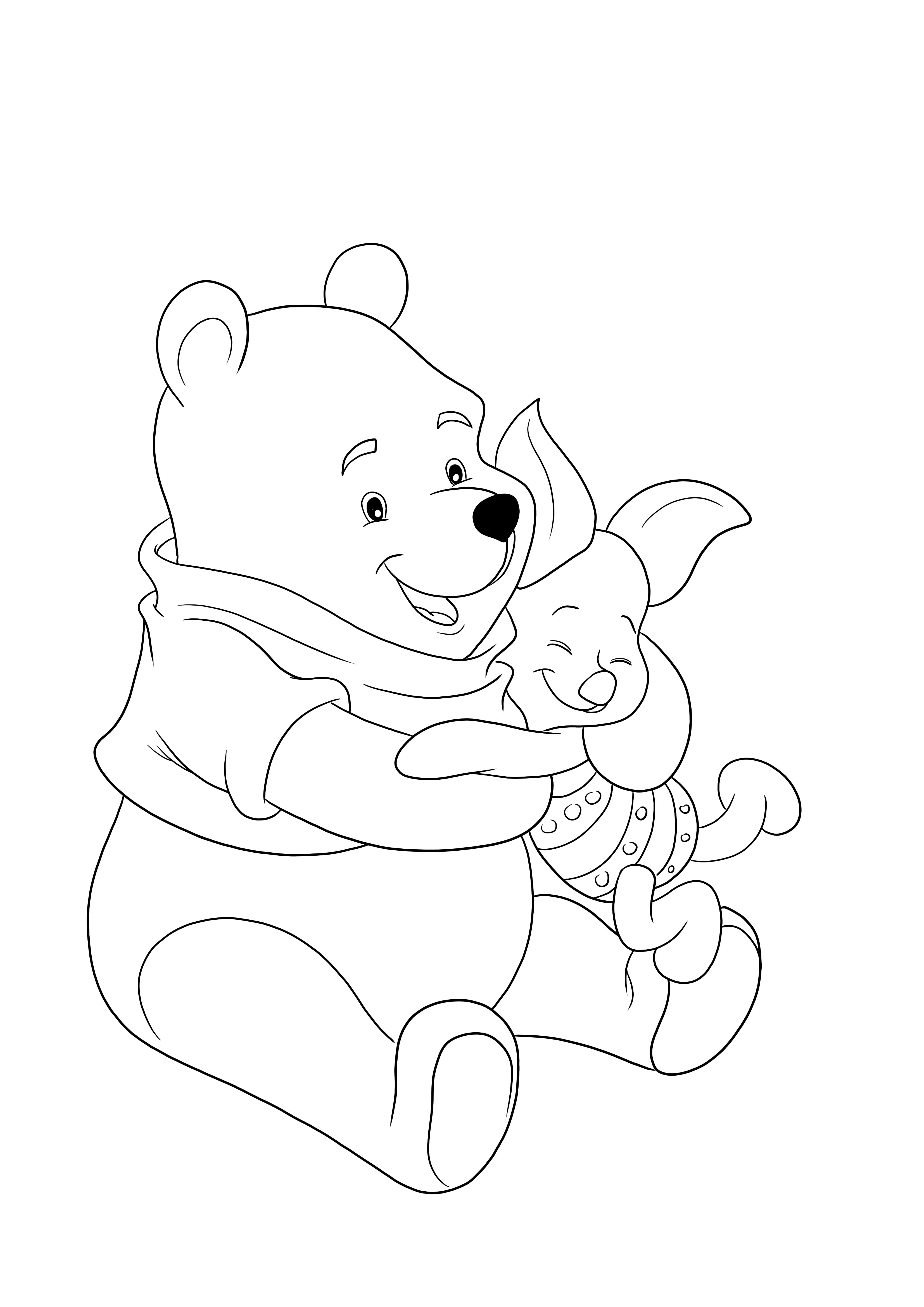 Pagina de colorat cu Winnie și Purcelul drăguț îmbrățișați gratuit pentru imprimare sau descărcare