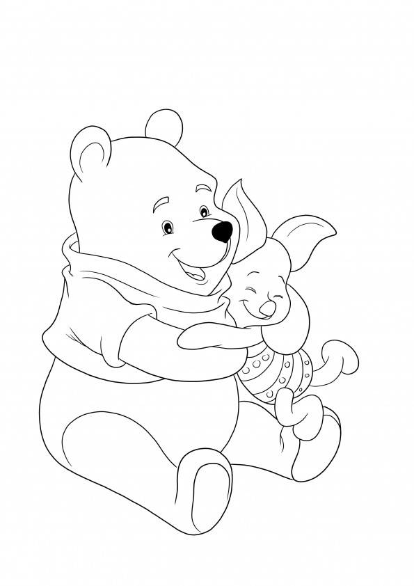 Coloring page of cute Winnie and Piglet hugging free to print or download