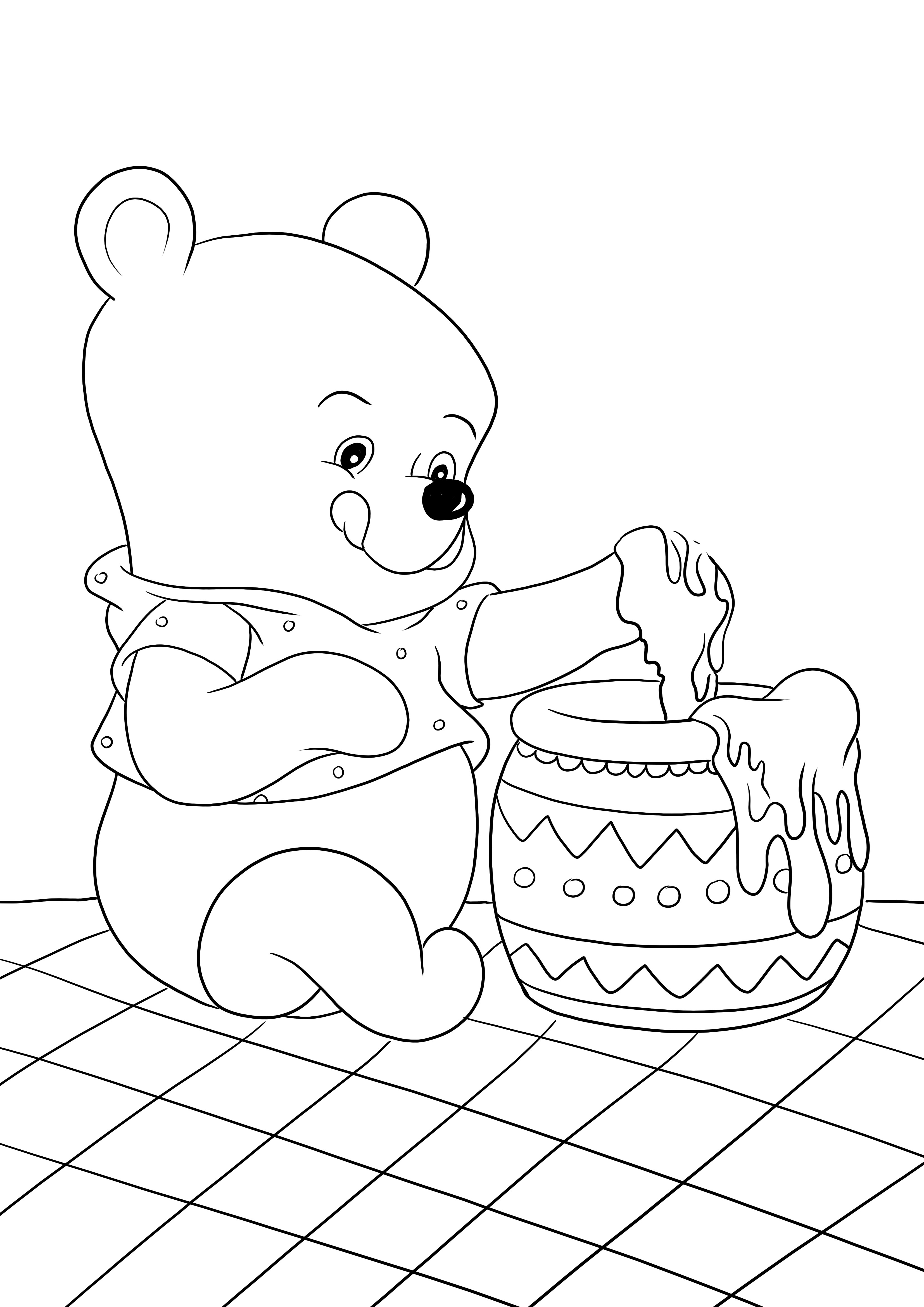 Winnie eet honing uit een potje om een kleurenfoto te maken om af te drukken of te bewaren voor later kleurplaat