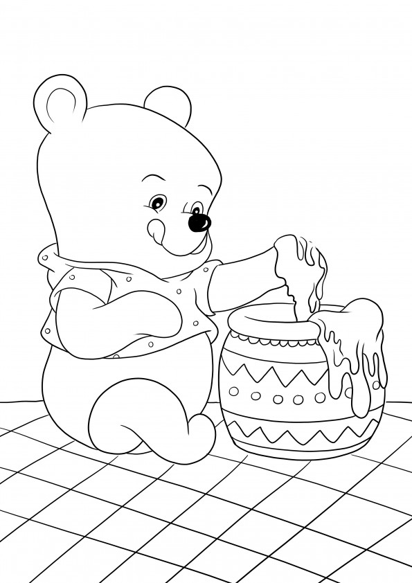 Winnie eet honing uit een potje om een kleurenfoto te maken om af te drukken of te bewaren voor later