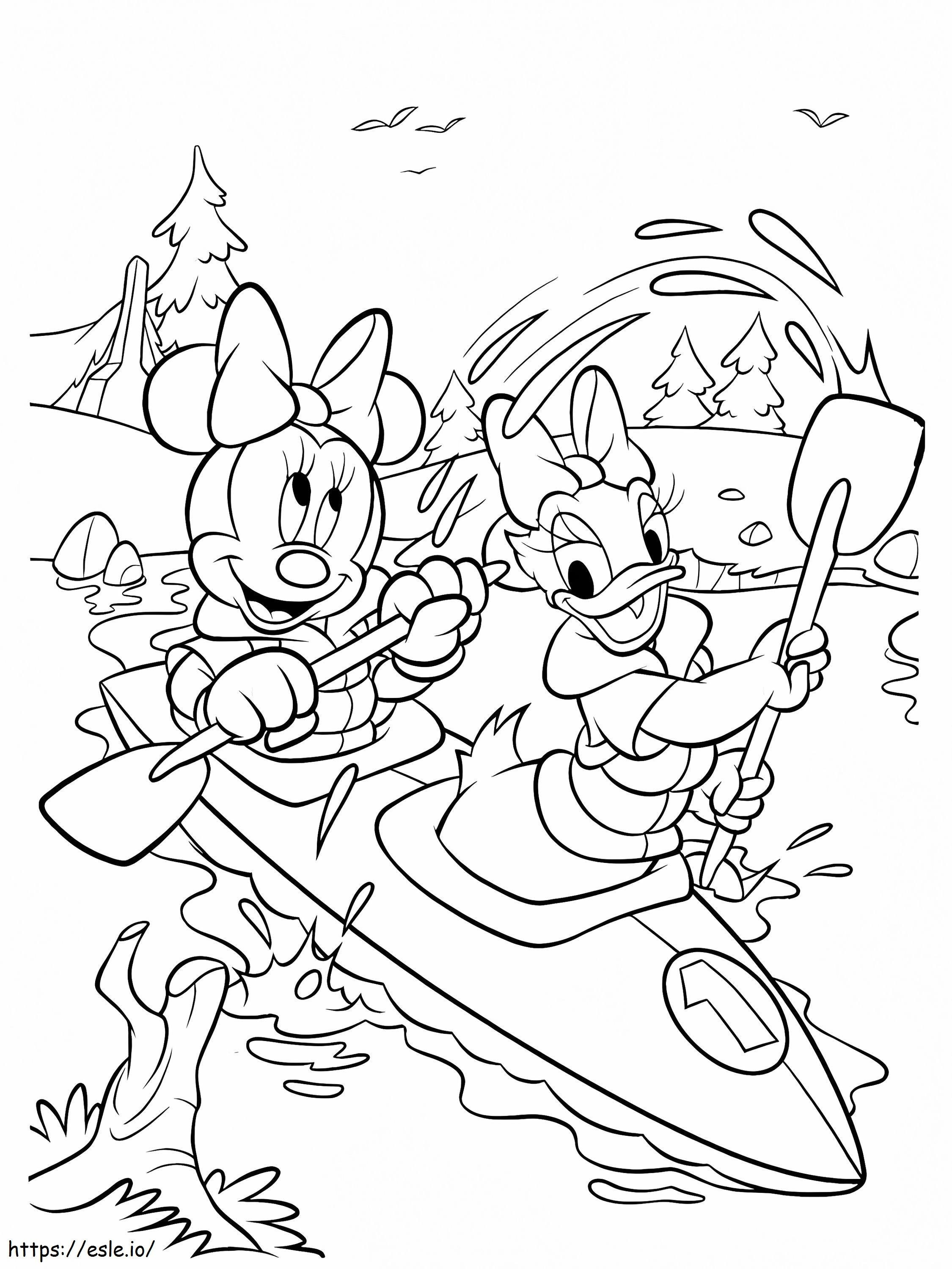 Coloriage Minnie Mouse et Daisy Duck ramant un bateau à imprimer dessin