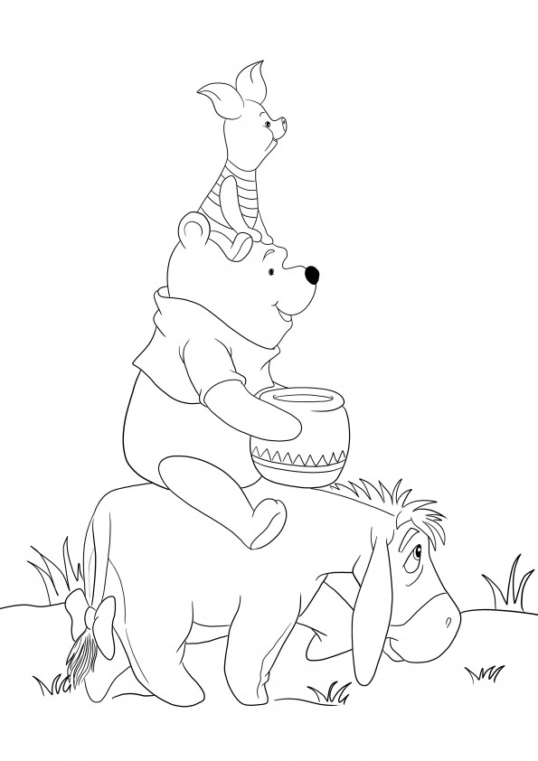 Kostenlos ausdruckbar von Winnie und Pooh, die auf I-Ah reiten, zum Ausmalen für Kinder