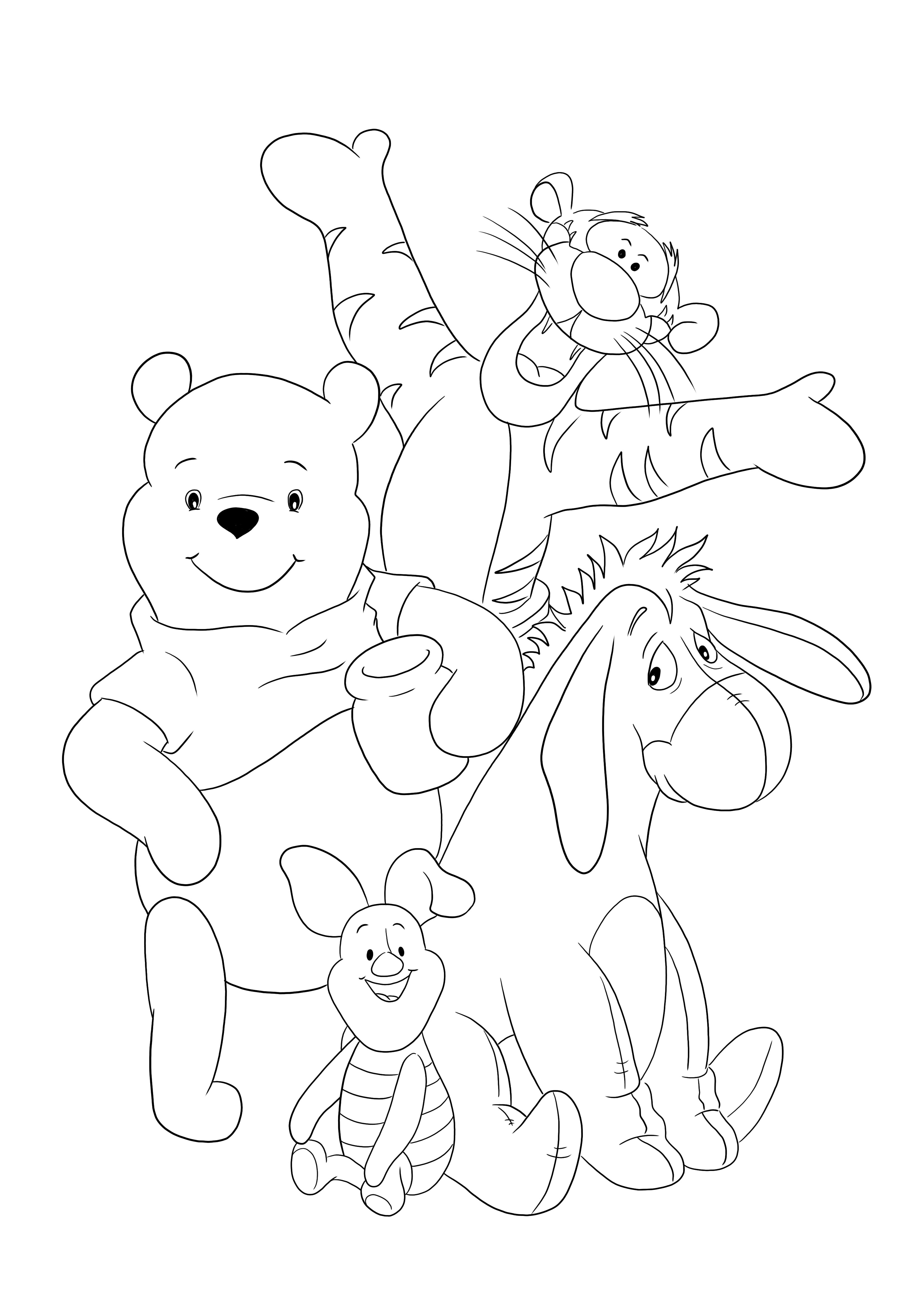 Aqui está o nosso feliz Winnie e seus amigos para imprimir gratuitamente para colorir facilmente