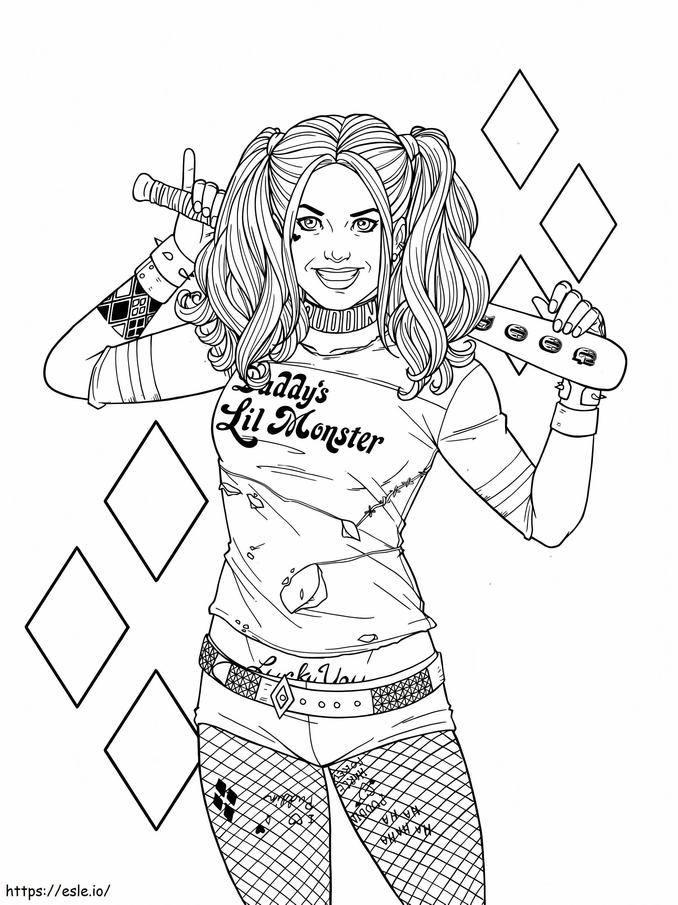 Engraçado Harley Quinn com um taco de beisebol para colorir