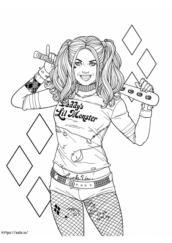 Hauska Harley Quinn pesäpallomailalla värityskuva