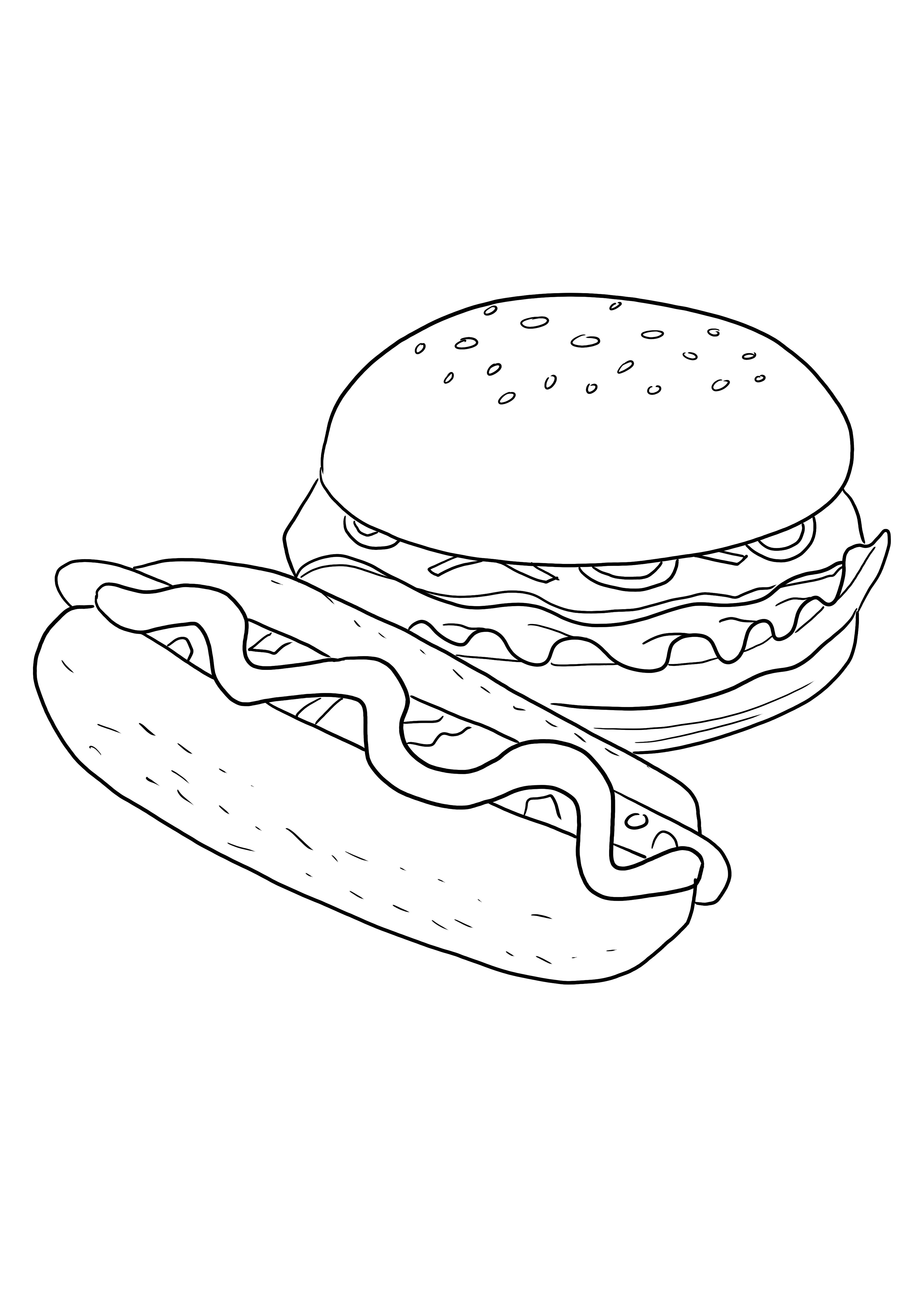 Łatwe kolorowanie Hot doga i hamburgera oraz bezpłatne drukowanie obrazu dla dzieci
