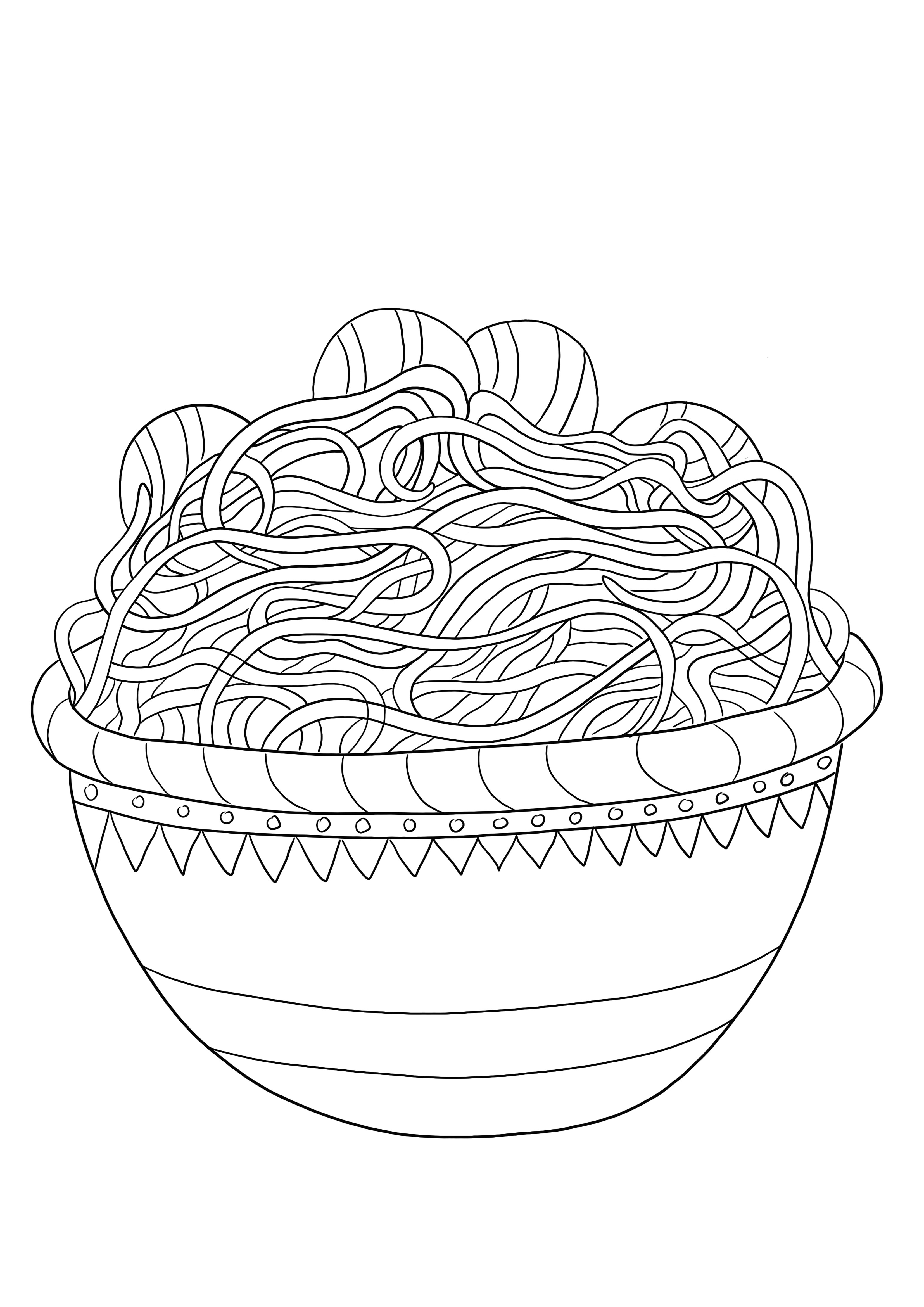 Free printable for easy coloring of a bowl of spaghetti picture for kids