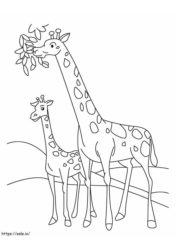 Coloriage Mère girafe mangeant avec bébé girafe à imprimer dessin
