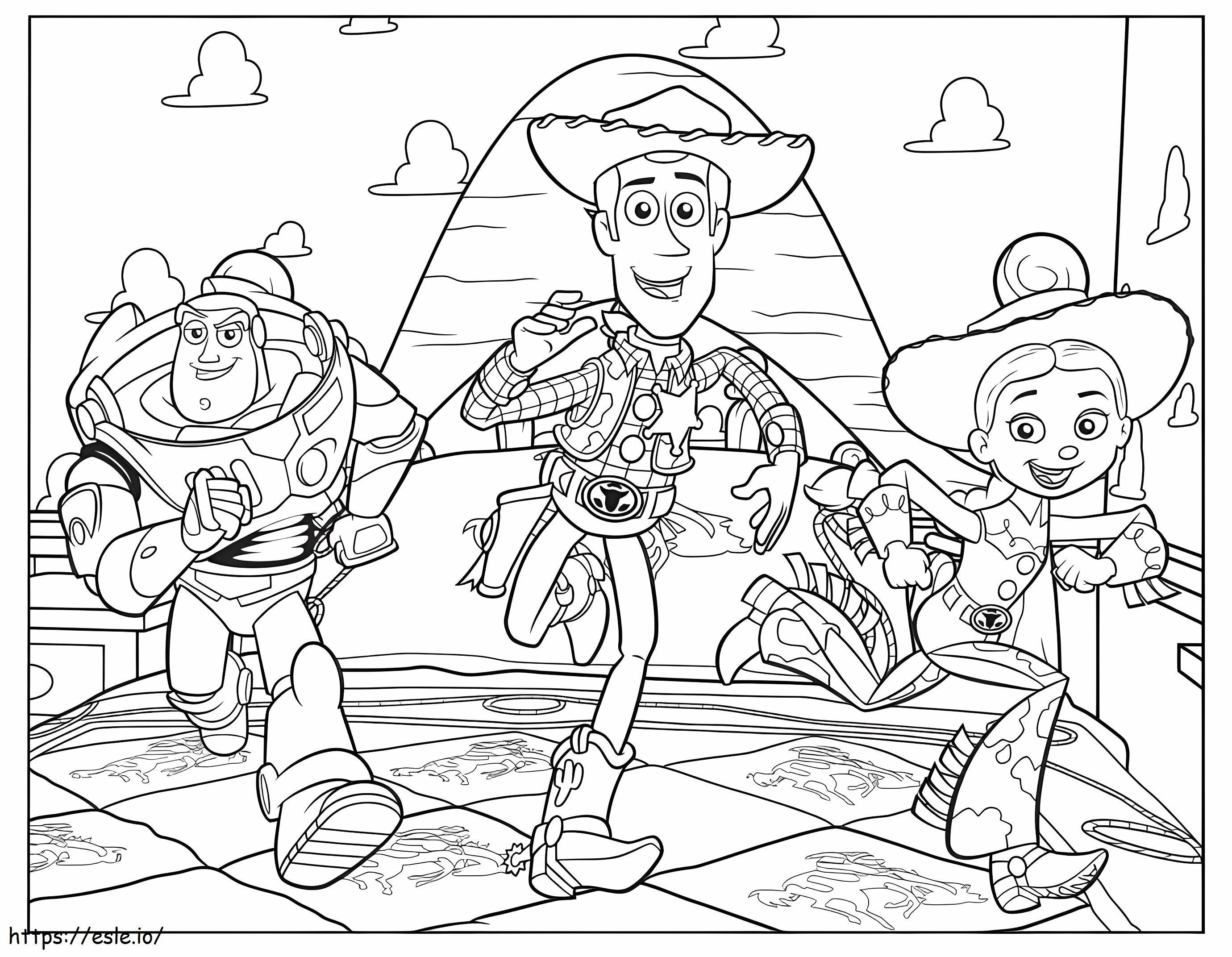 Woody e seus amigos correndo para colorir