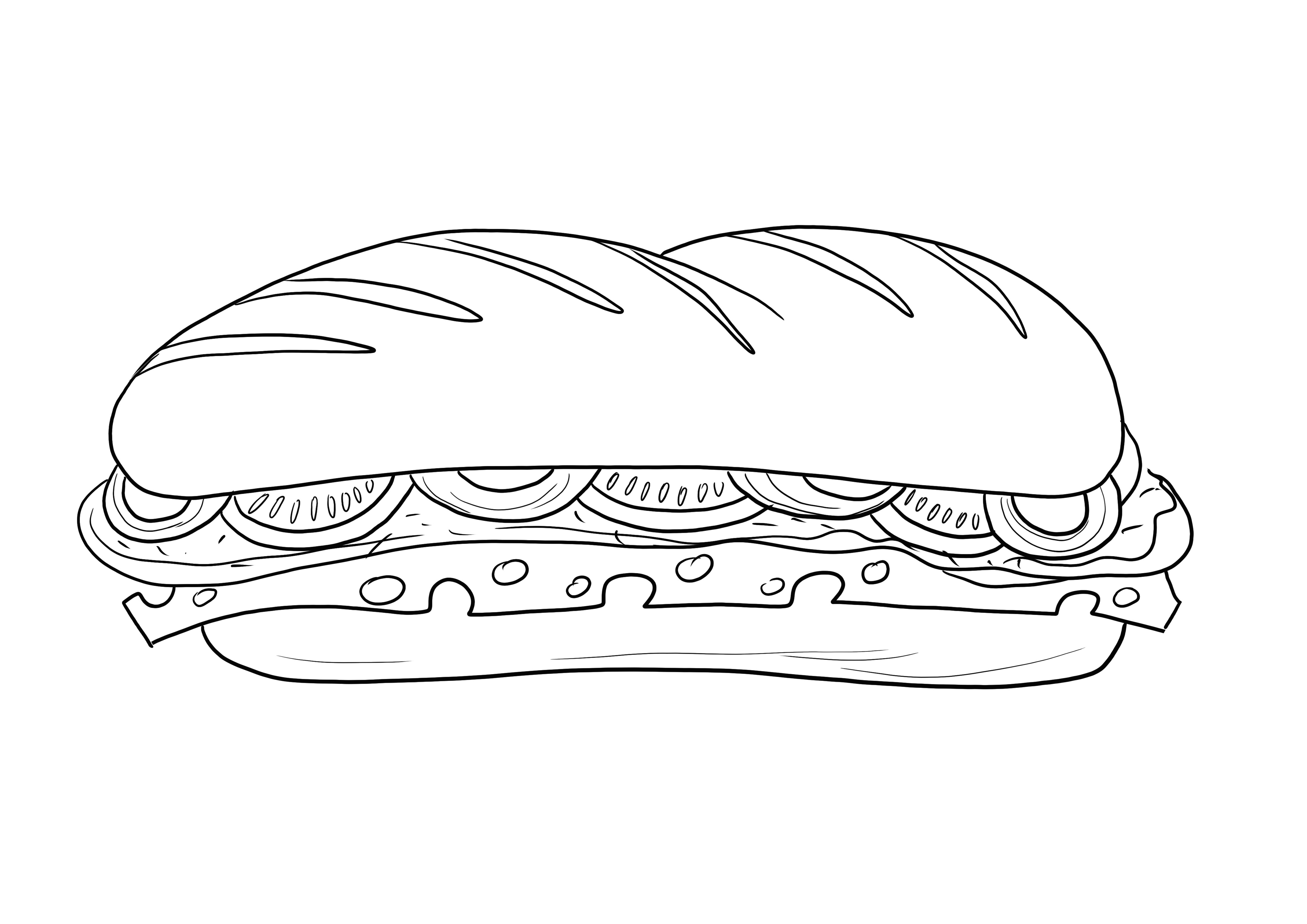 Ham and cheese baguette-free printable and coloring sheet to color easily