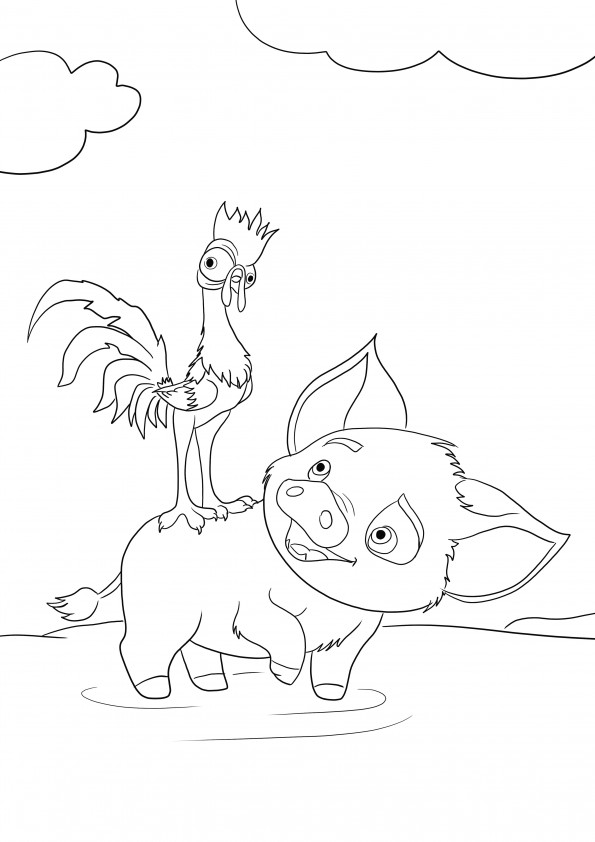 Heihei on Pua's back singing to be printed or downloaded  for free for kids