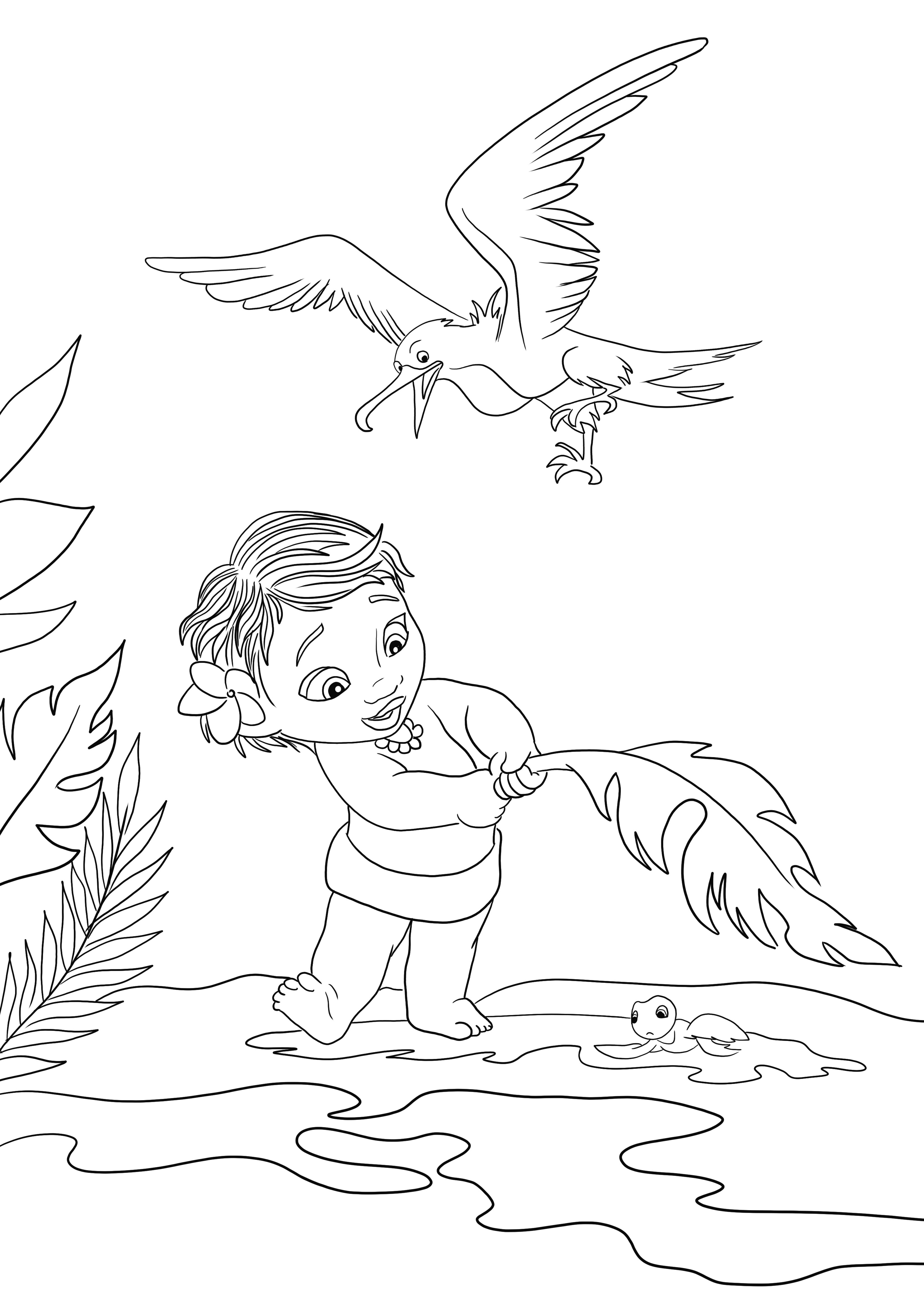 Halaman Little Moana and the Seagull yang dapat dicetak dan diwarnai gratis untuk diwarnai oleh anak-anak