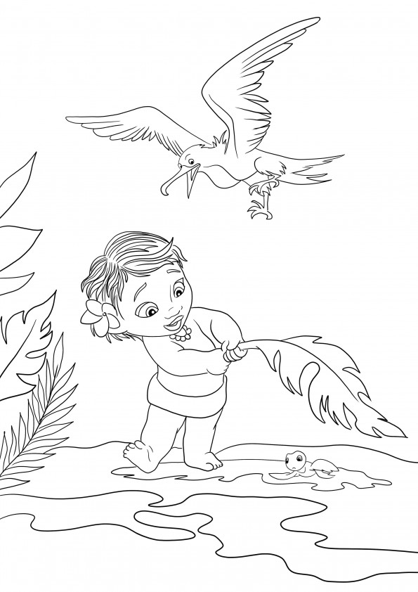 Kostenlose Druck- und Ausmalseite von Little Moana and the Seagull für Kinder zum Ausmalen